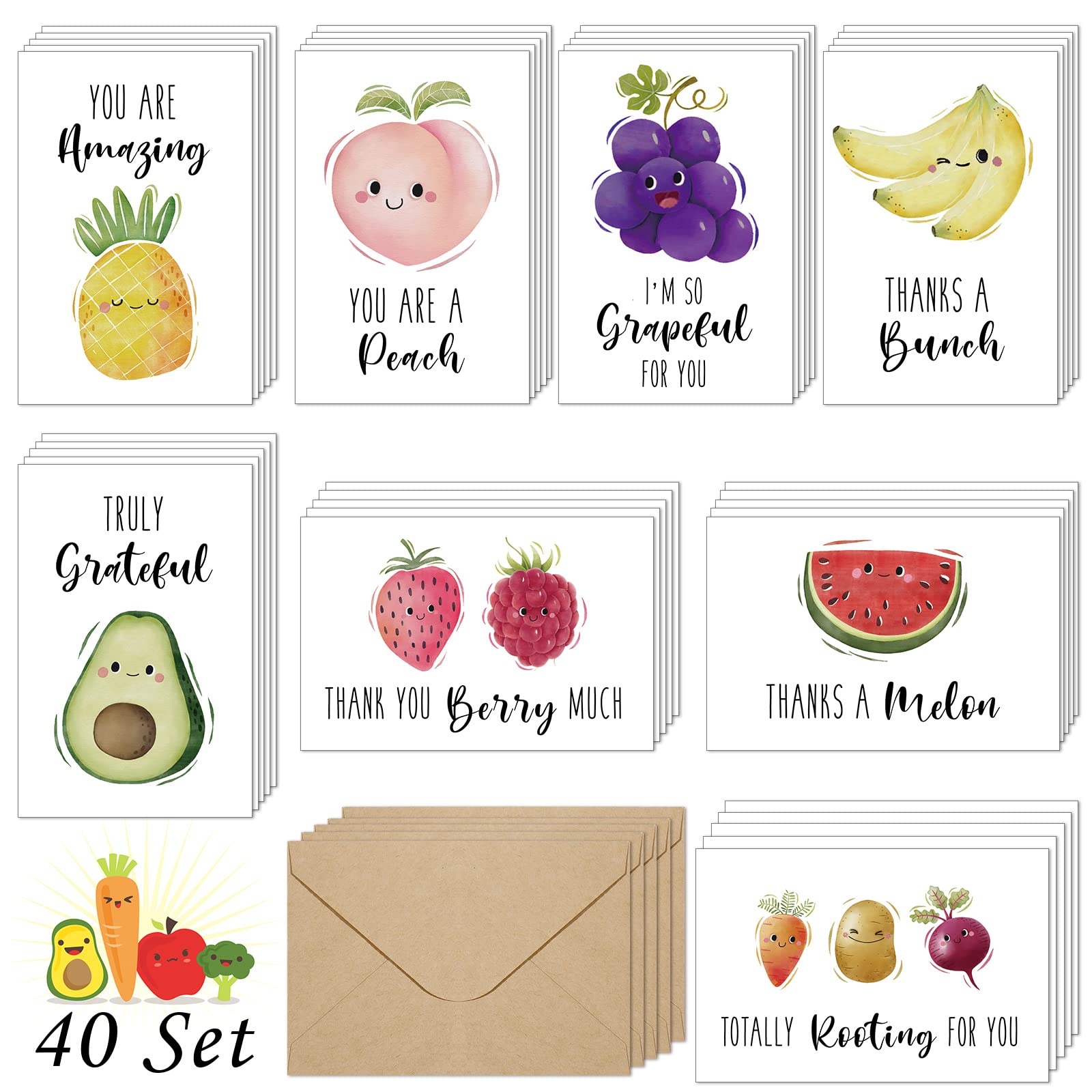 Nezyo 40-Piece Funny Thank You Cards with Envelopes - Pun Greeting Note Cards Blank Inside (4x6 Inch) for Kids, Teachers, Employees - Perfect for Birthdays, Holidays & Appreciation Gifts | Office, School & Home Use