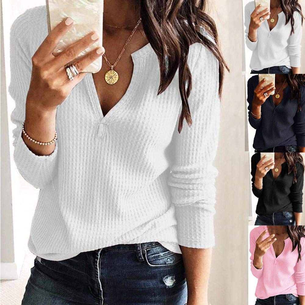 Plus Size Women's V-Neck Waffle Knit Pullover Sweater - Casual Long Sleeve Henley Blouse for Fall & Winter Layering | Office Wear & Weekend Outfits