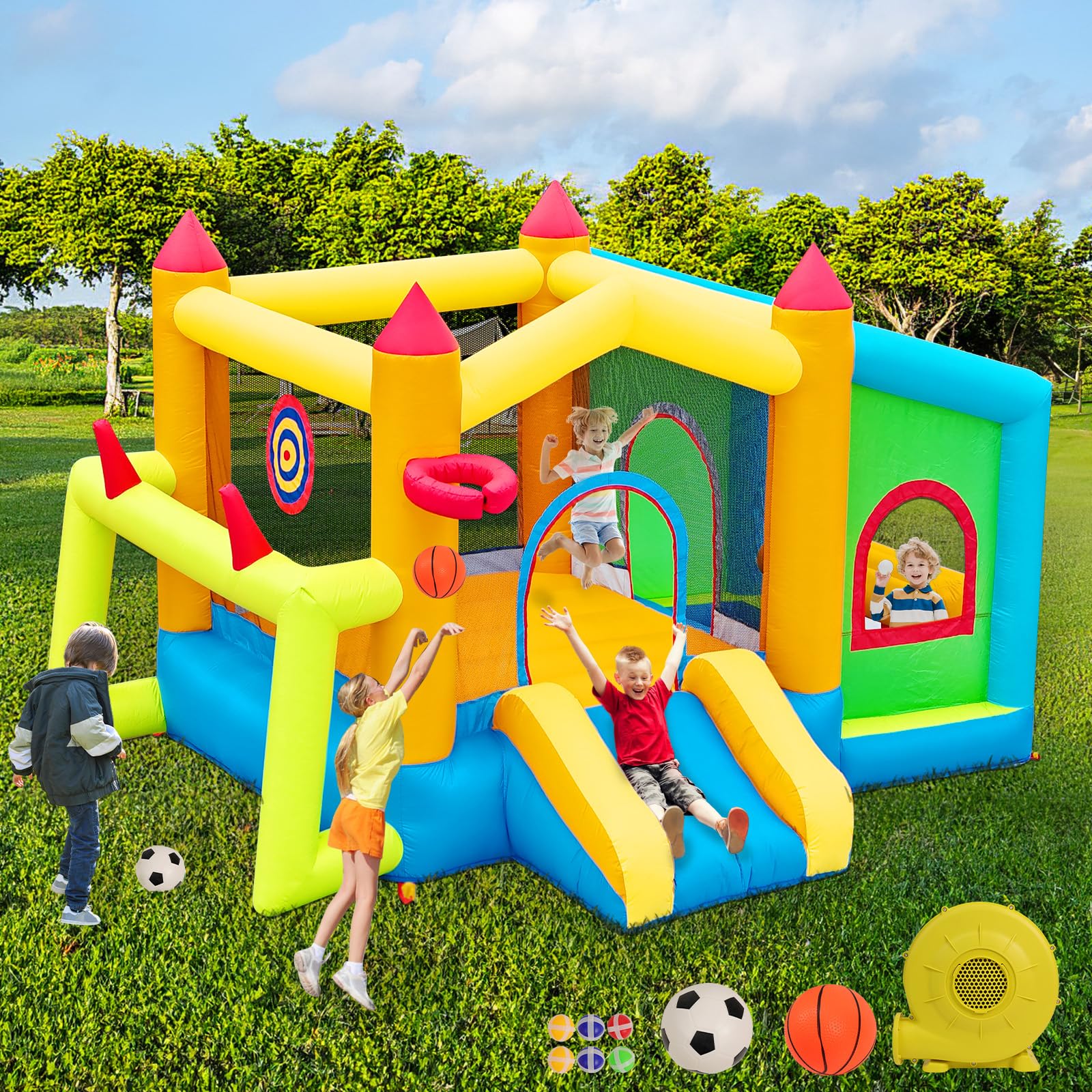 FBSPORT Inflatable Bounce House with Ball Pit & Toy Market Stand - Kids Bouncy Castle for Outdoor & Indoor Play - Includes 480W Blower for Birthday Parties, Backyard Fun & Family Gatherings
