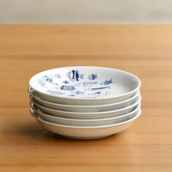 Premium Hasami Yaki Japanese Ceramic Small Plate Set - 7-Piece Marine Life Design for Sushi, Appetizers & Home Decor