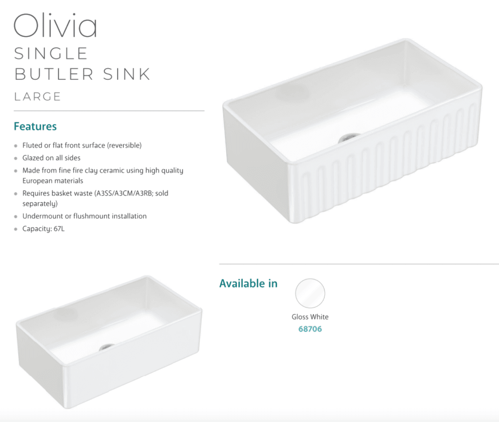 Fienza 68706 Olivia Large Single Butler Sink 33x18x10 Inches, White - Farmhouse Kitchen Sink for Modern & Traditional Homes