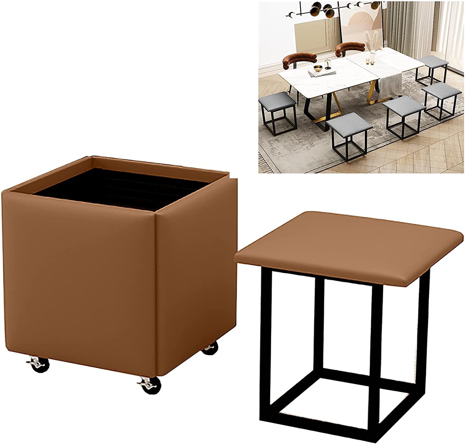 5-in-1 Convertible Ottoman Foot Stool - Multi-Functional Coffee Table with Storage, Foldable Sofa Stool for Living Room, Bedroom & Office (Brown, Small) - Perfect for Relaxing, Extra Seating & Home Organization