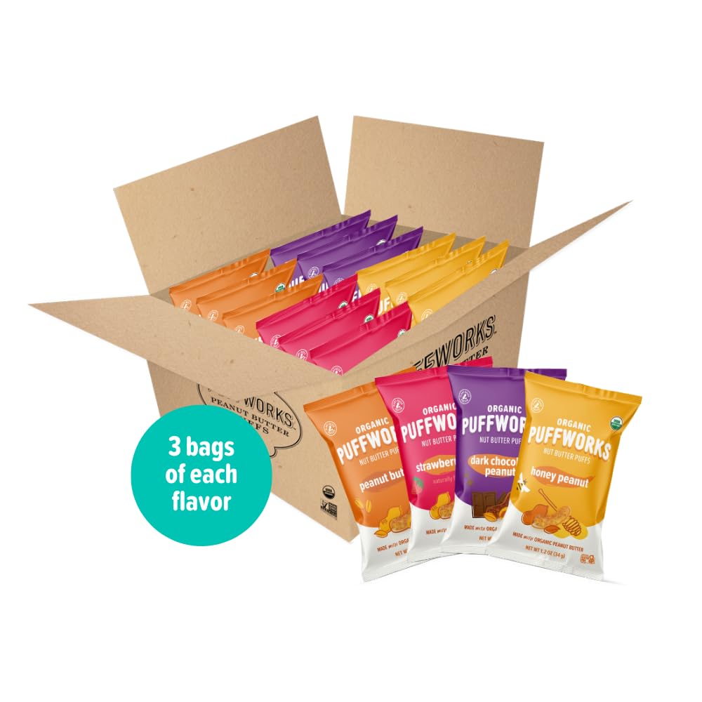 Organic Peanut Butter Puffs Variety Pack - Original, PBJ, Dark Chocolate & Honey Flavors | Gluten-Free, Kosher, Plant-Based Protein Snack | 1.2oz (12 Pack) | Perfect for On-the-Go Snacking, Lunchboxes & Healthy Office Treats
