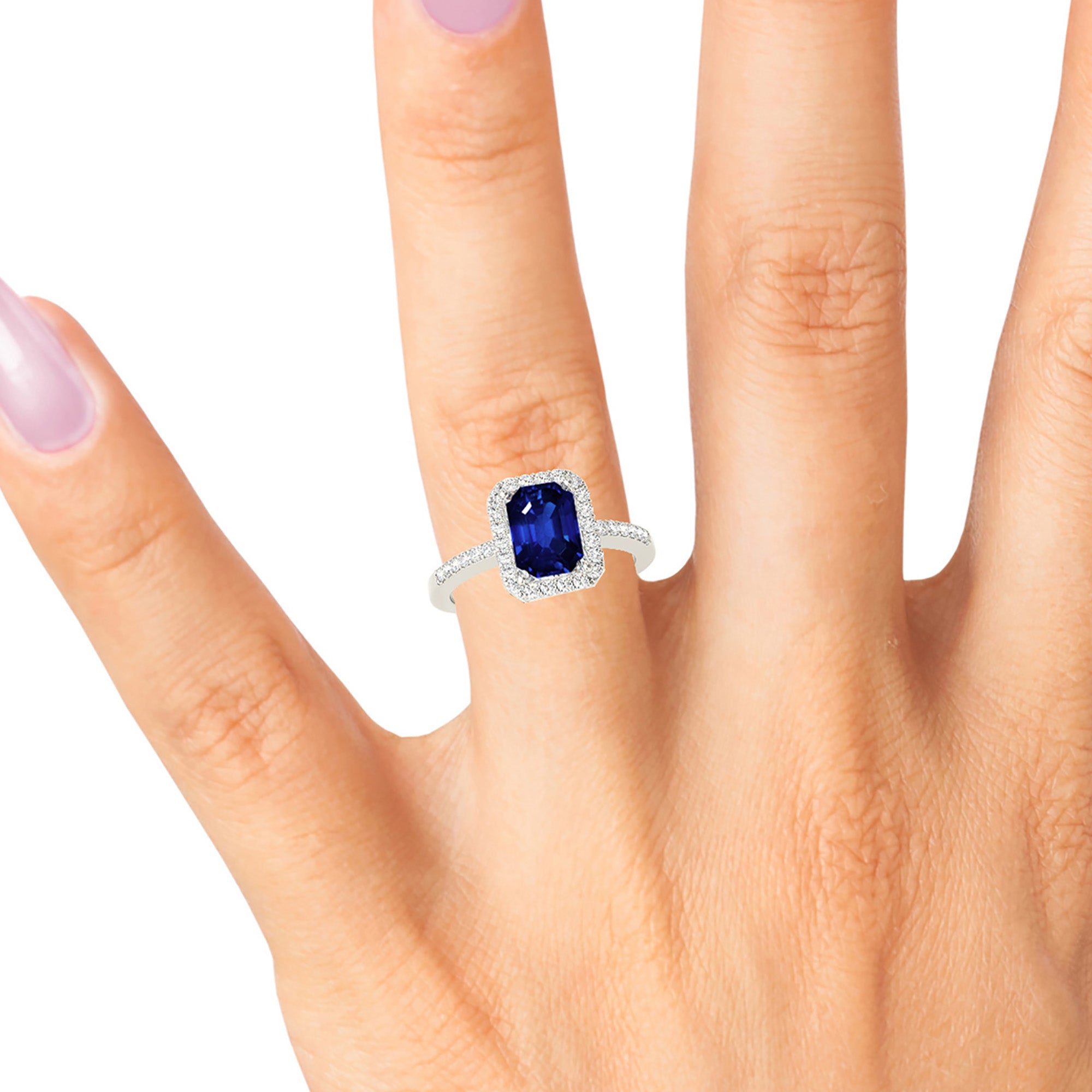 2.30 Carat Genuine Blue Emerald Cut Sapphire Ring with Halo Setting - Elegant Engagement, Wedding, Anniversary Jewelry Gift for Women