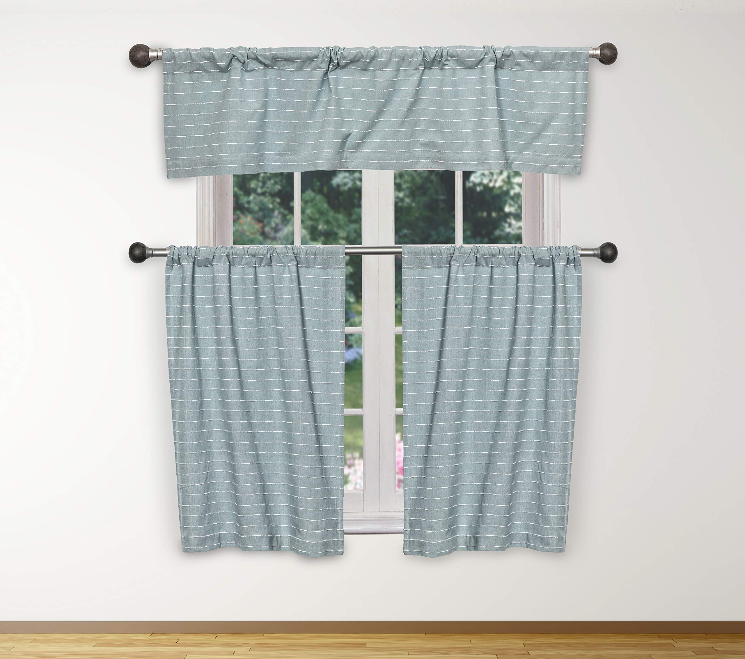 Kensie Tate Kitchen Curtains and Valances Set - 29x36 + 58x15 Inches, Dusty Blue & White - Perfect for Farmhouse, Cottage, or Modern Kitchen Windows