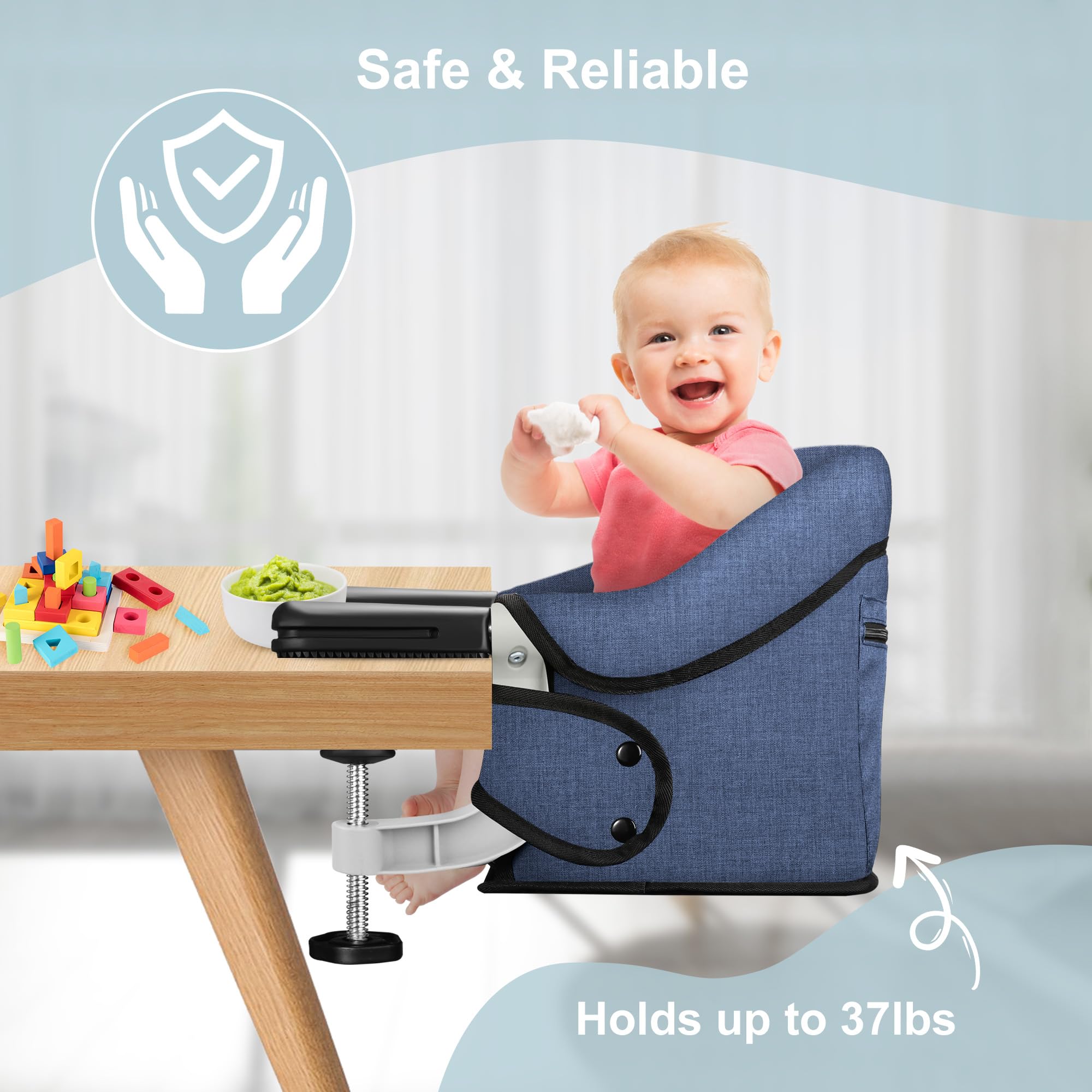 Jozzve Hook On High Chair - Portable & Foldable Baby Feeding Seat with Storage Bag for Home & Travel - Navy | Ideal for Dining, Outdoor Picnics & Restaurant Use