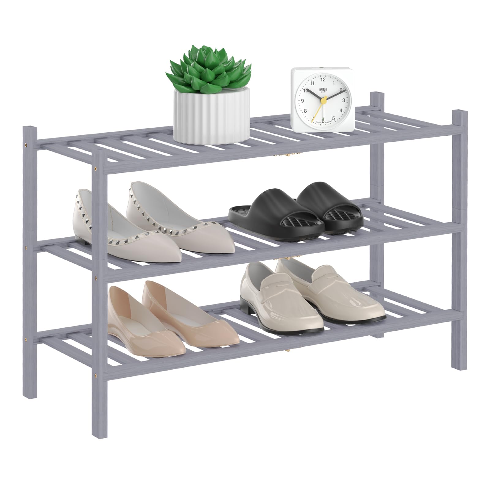 3-Tier Bamboo Shoe Rack Organizer - Free Standing Wooden Shoe Shelf for Closet, Entryway & Small Spaces - Stackable Storage Solution in Gray - Perfect for Apartment, Dorm & Home Organization
