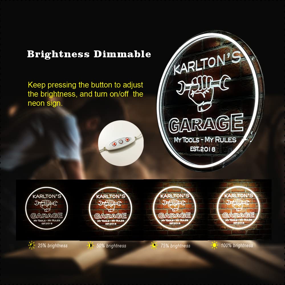 Custom Neon Garage Signs - Personalized LED Light Sign for Man Cave, Dad's Workshop & Gifts - 16x16 Inch Round Neon Decor for Home Bar, Garage Wall & Birthday Presents