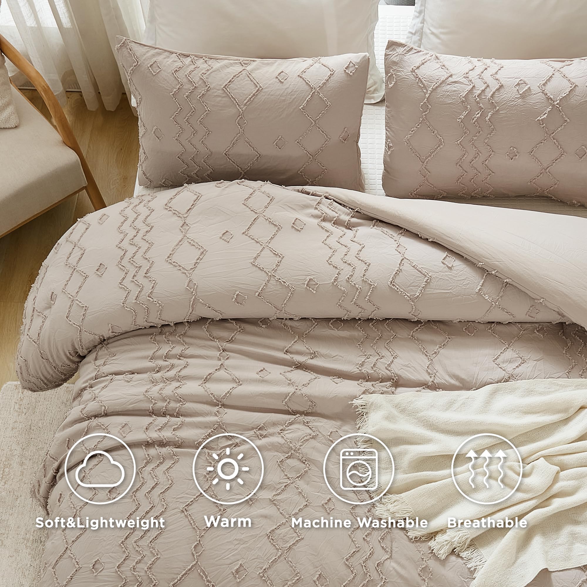 **Andency Khaki Tufted Comforter Set Full (79x90 Inch) - 3 Piece Boho Farmhouse Bedding with Geometric Design, Microfiber Down Alternative - Perfect for Cozy Bedrooms & Guest Rooms**