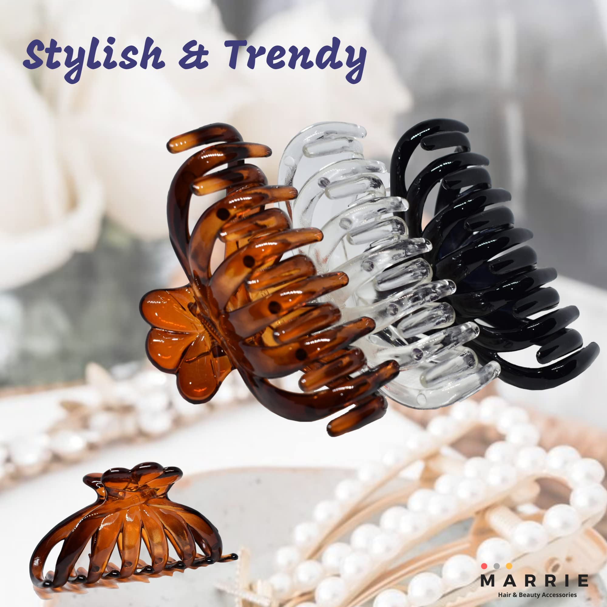 Marrie Non-Slip Hair Claw Clips for Women & Girls - Strong Hold Double Jaw Hair Clamps for Medium to Thin & Long Hair - Stylish Hair Accessories (Black, Brown, Clear) - Perfect for Work, School & Everyday Hairstyles