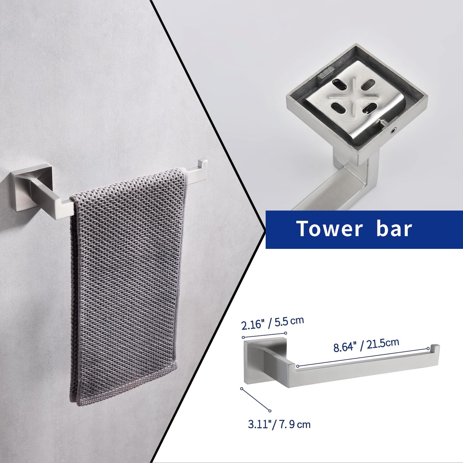 TASTOS 5-Piece Brushed Stainless Steel Bathroom Hardware Set - Wall Mounted Robe Hook, Toilet Paper Holder & 24-Inch Towel Bar in Silver | Modern Bathroom Accessories for Home & Hotel Use