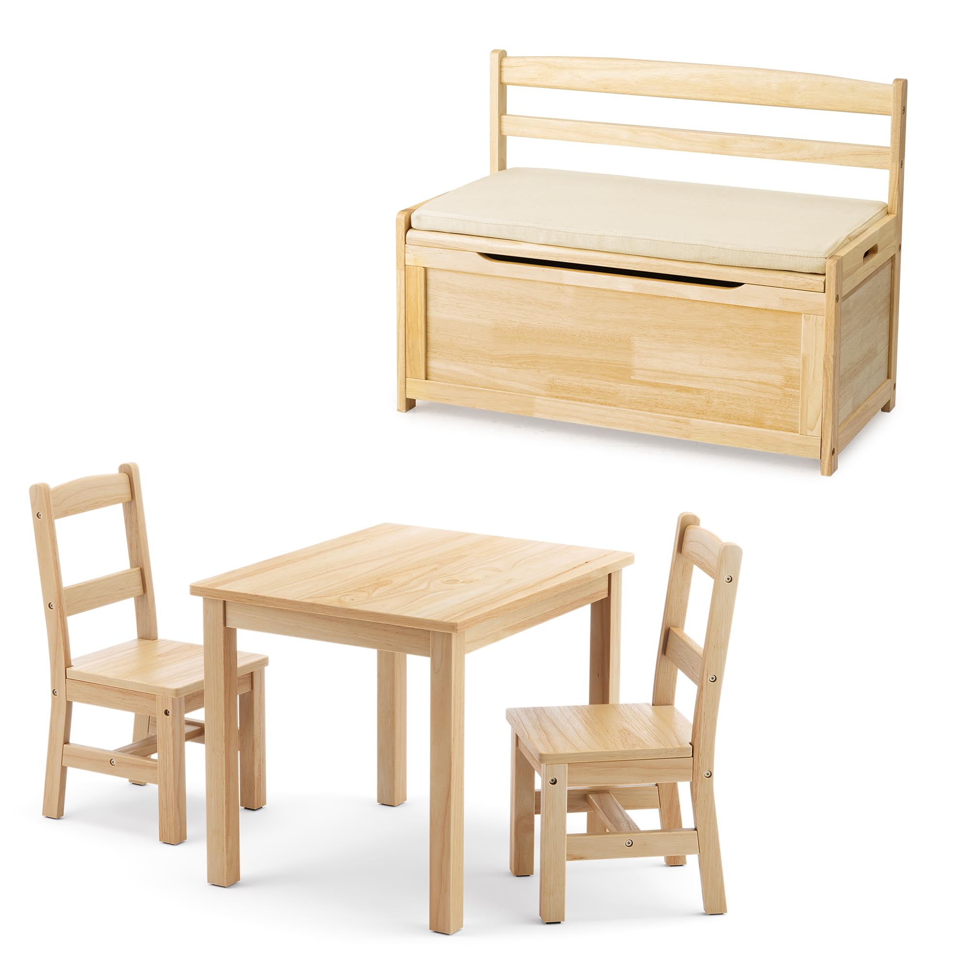 Curipper Rubberwood Kids Table and 2 Chairs Set with Toy Box Chest - Natural Wood Color Toddler Furniture for Playroom, Preschool & Home Learning Activities