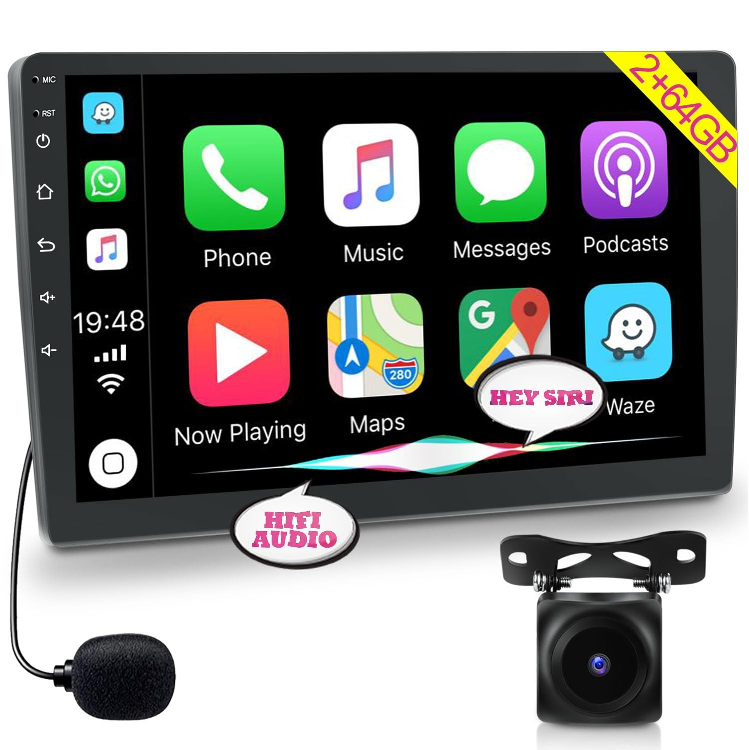 10.1 Inch Android Car Stereo with Wireless CarPlay & Android Auto - 2GB RAM 64GB ROM Double Din Touchscreen - Bluetooth, WiFi, GPS Navigation, Hi-Fi Audio - Includes AHD Backup Camera & Mic - Perfect for Car Audio Upgrade & Hands-Free Driving