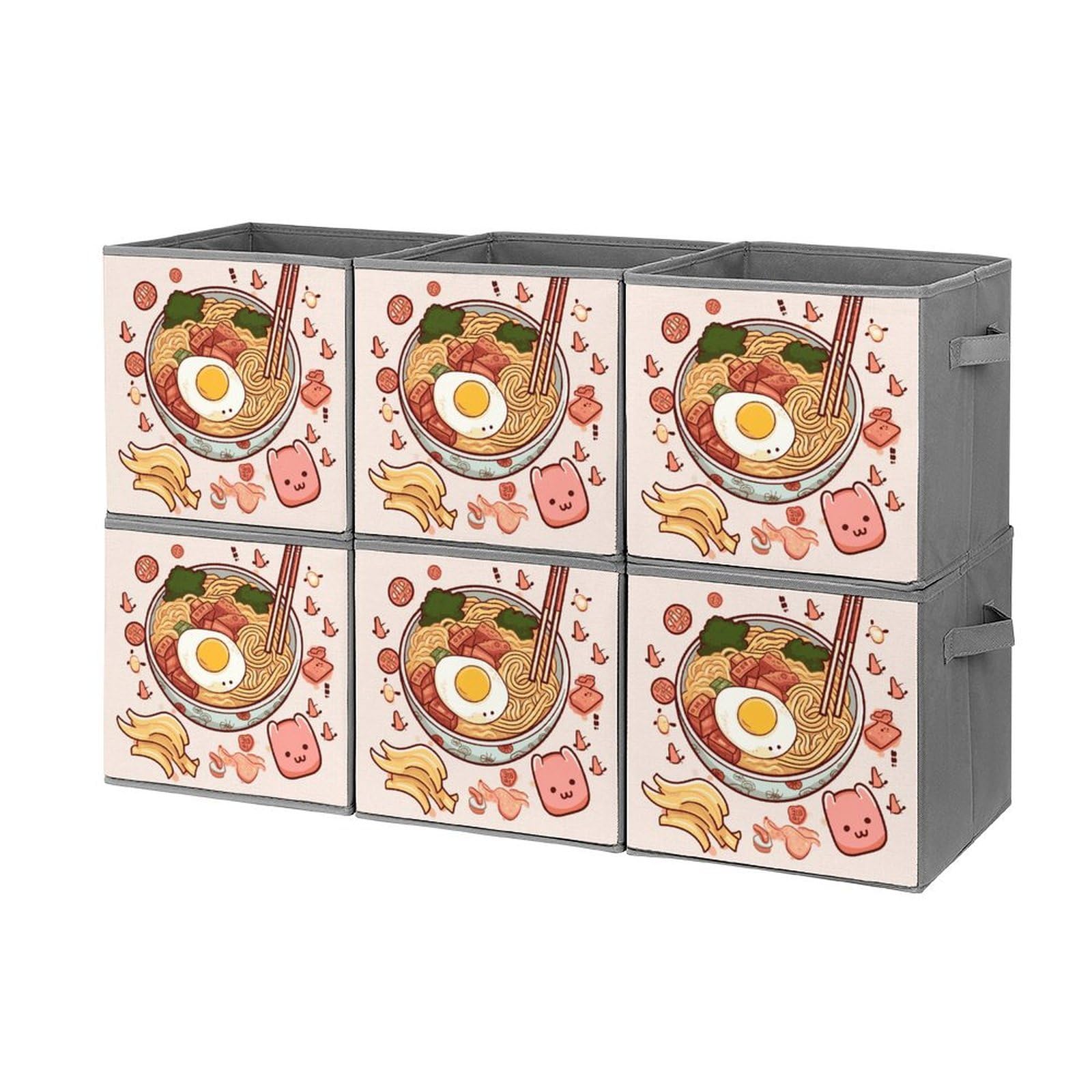 6-Piece Collapsible Storage Bins with Handles - Sweet Ramen Printed Foldable Organizing Baskets for Shelves, Kitchen, Bathroom & Home Organization | Space-Saving Multi-Purpose Storage Containers