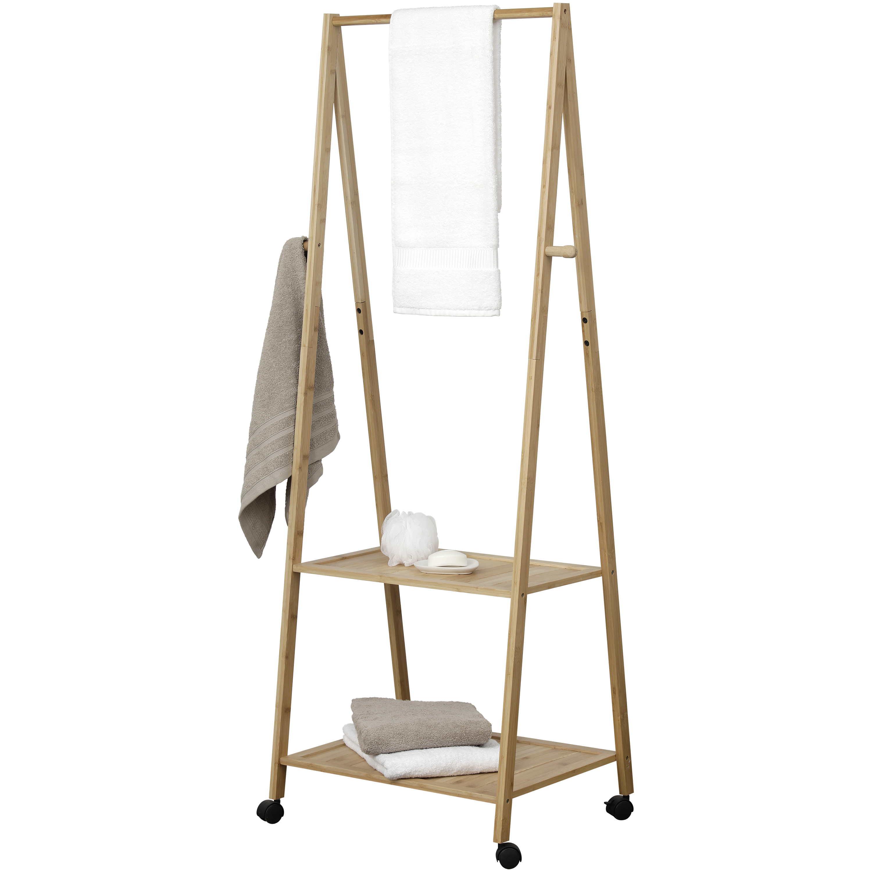 Portable Bamboo Clothes Rack with Wheels & 2 Shelves - Freestanding Garment Rack for Bedroom, Closet Organization & Laundry Room Storage