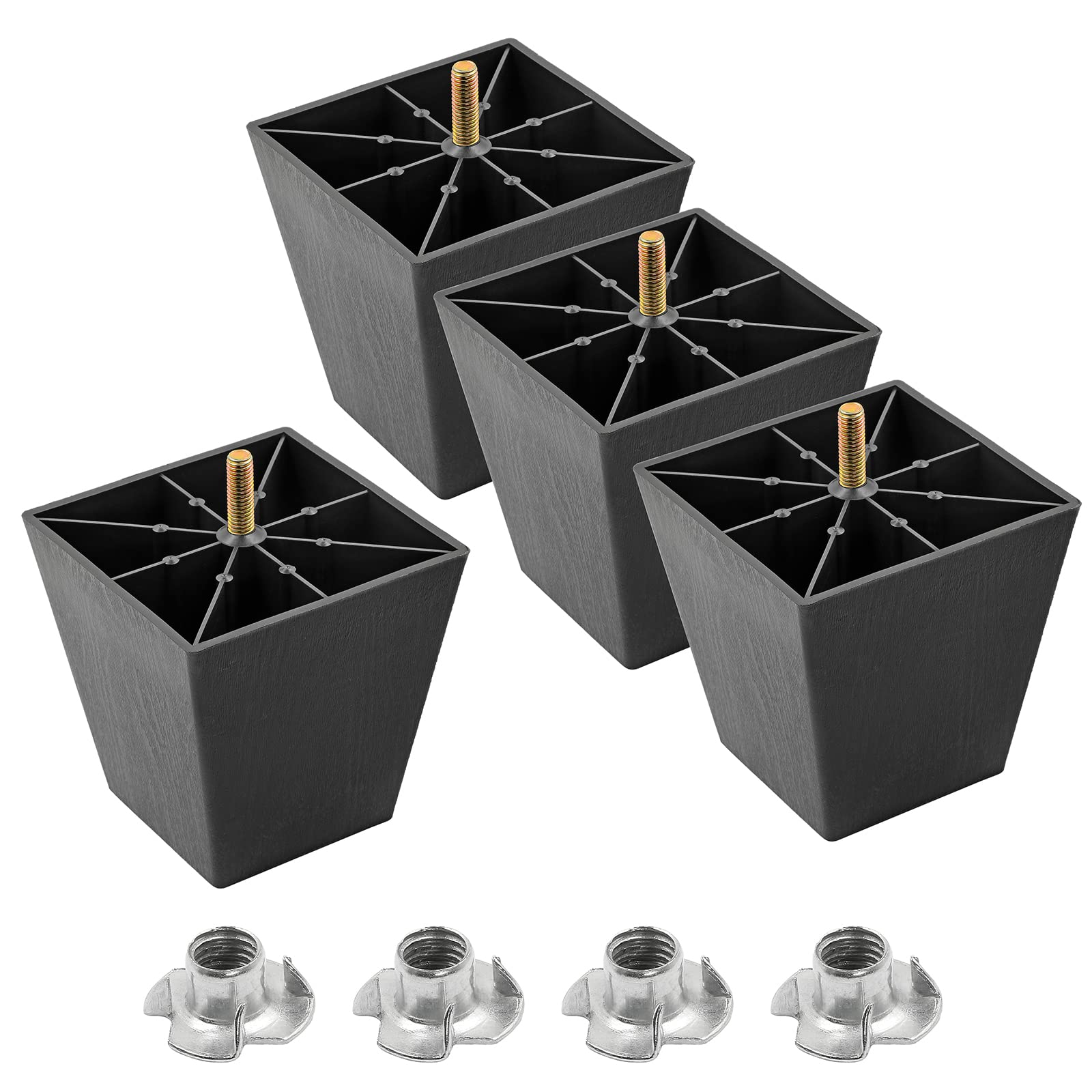 4 Inch Black Plastic Square Furniture Legs - Set of 4 M8 Mid Century Modern Sofa Feet for Couch, Armchair, Bed, Cabinet & Desk - Durable Replacement Legs for Home & Office Furniture