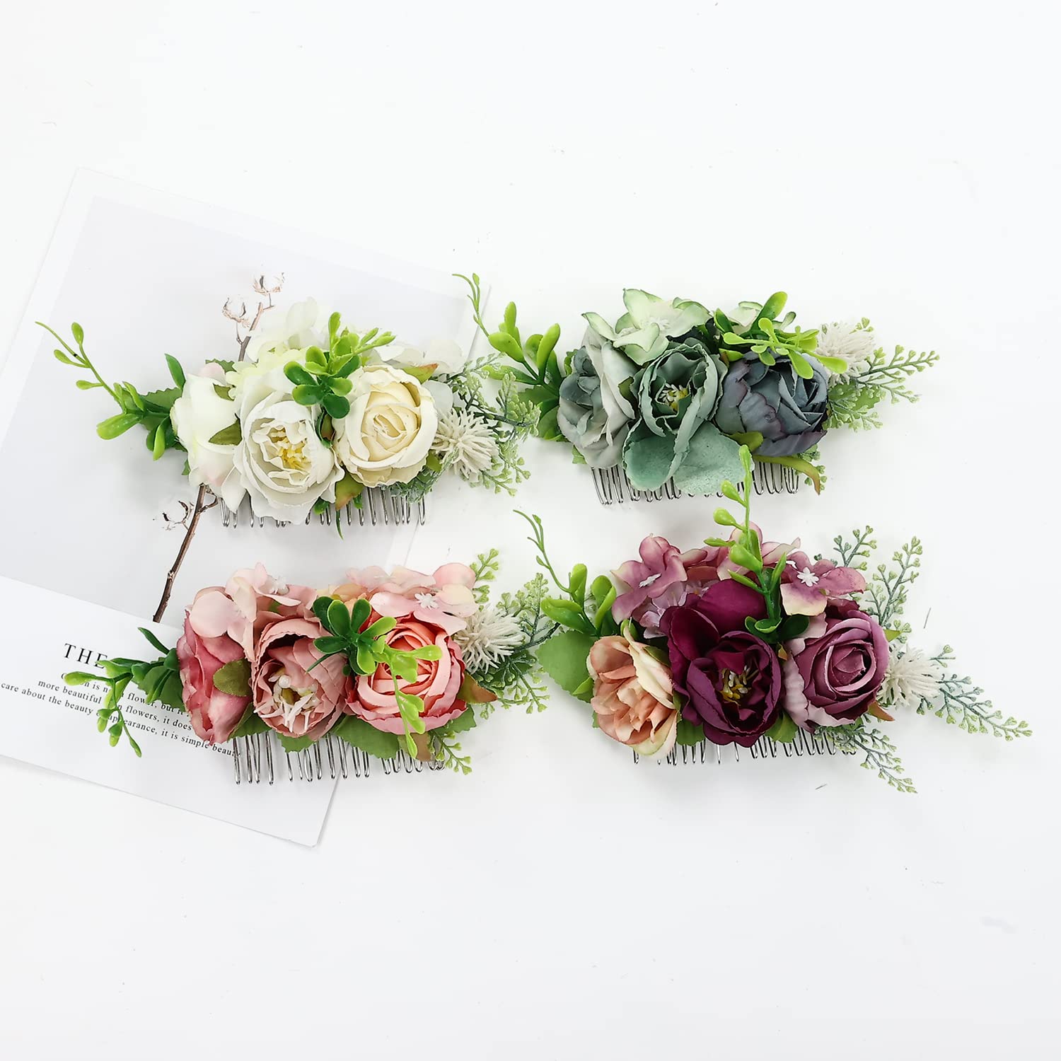 4 Pack Metal Hair Side Combs with Artificial Rose Flowers - Floral Wedding Bridal Headpieces, Hair Clips & Barrettes for Women, Bridesmaids & Flower Girls - Perfect for Weddings, Prom, Parties & Special Occasions