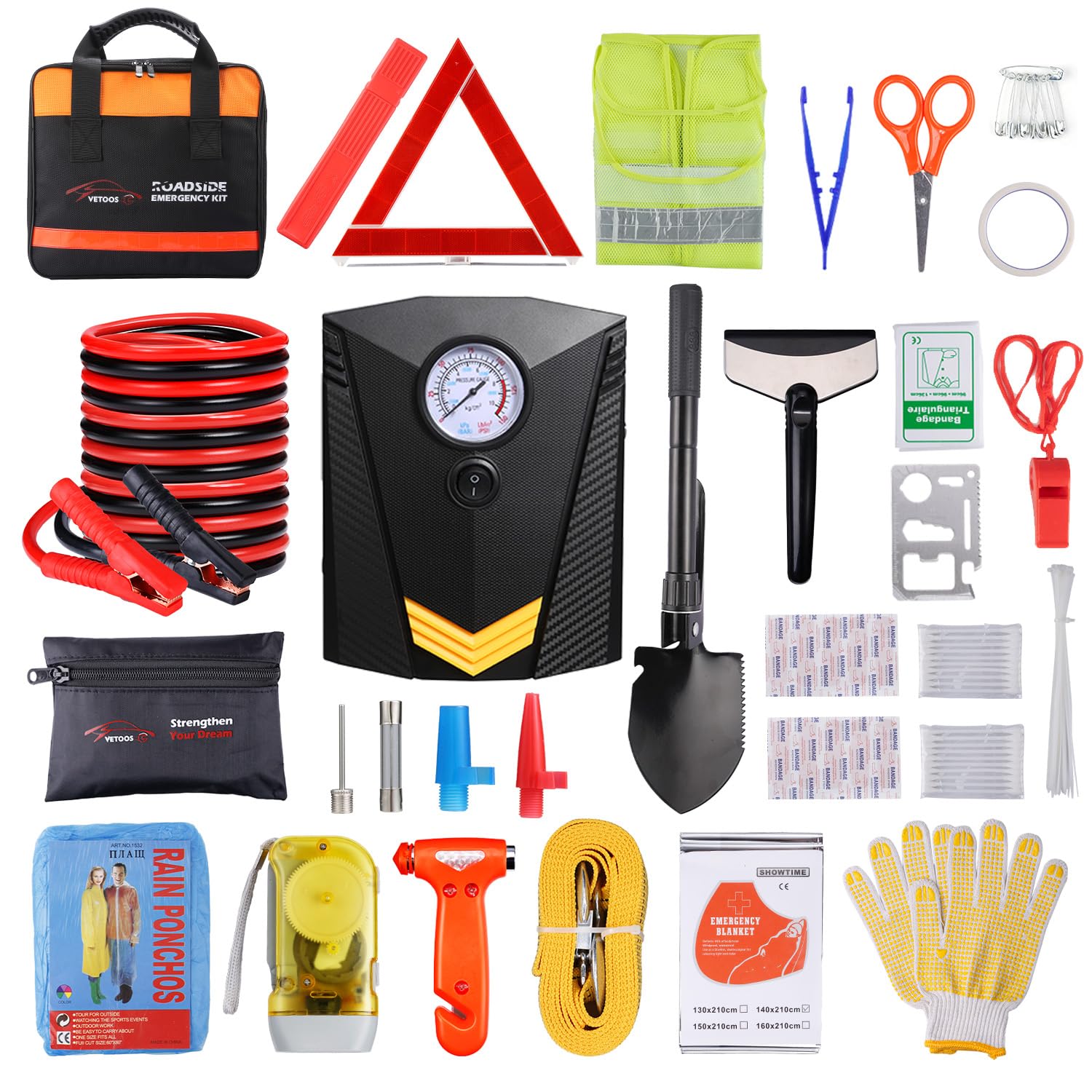 Vetoos 122-Piece Car Emergency Kit with Jumper Cables, Air Compressor & Survival Shovel | Roadside Assistance Safety Kit for Winter & All Seasons | Essential Vehicle Emergency Gear for Men & Women | Perfect for Road Trips, Camping & Winter Driving