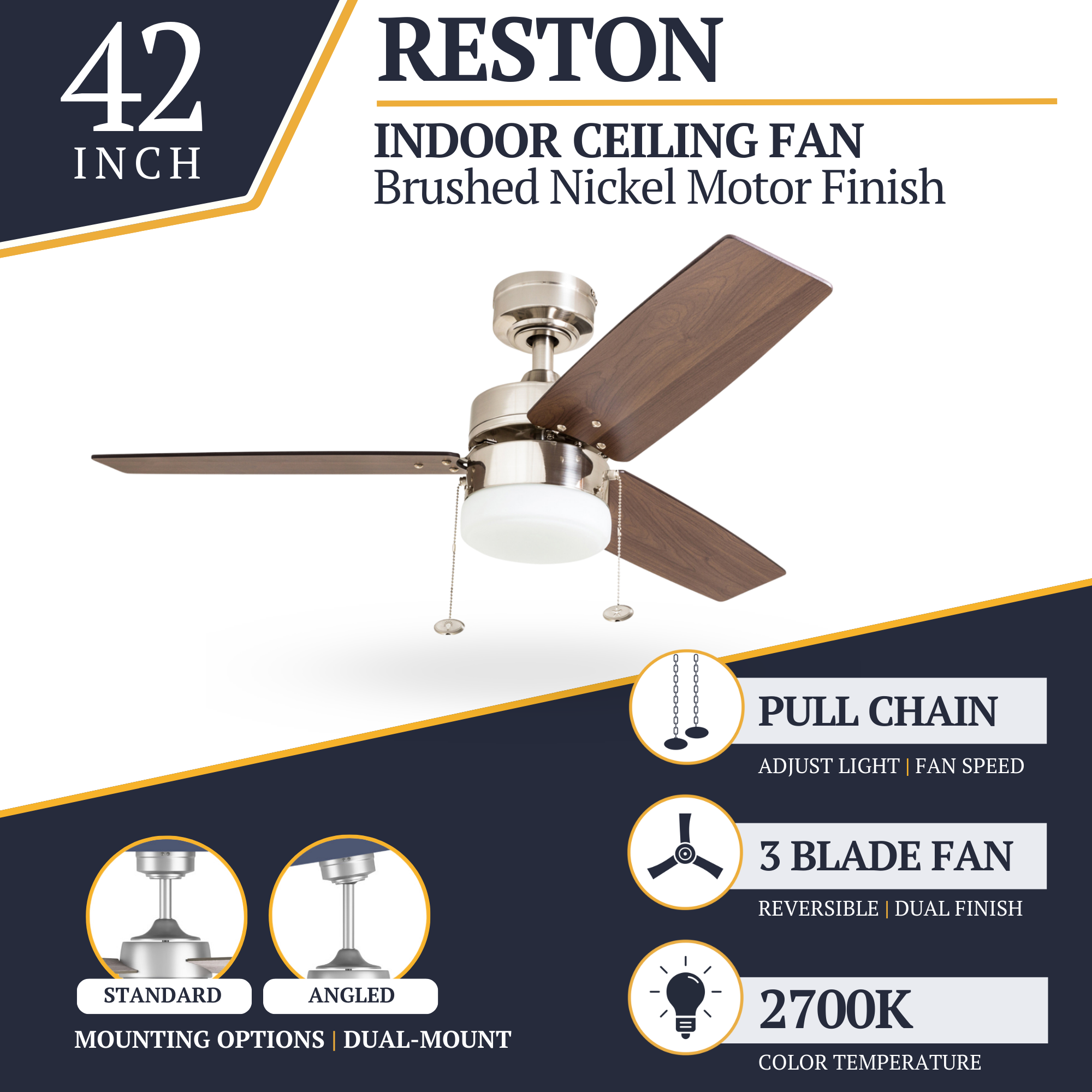 42 Inch Reston Brushed Nickel Ceiling Fan with Pull Chain - Energy Efficient Indoor Cooling for Living Room, Bedroom, and Office