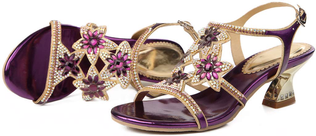 YooPrettyz Women's Beaded Floral Sandals - Strappy Evening Heels with Chunky Low Heel for Weddings, Parties & Special Occasions