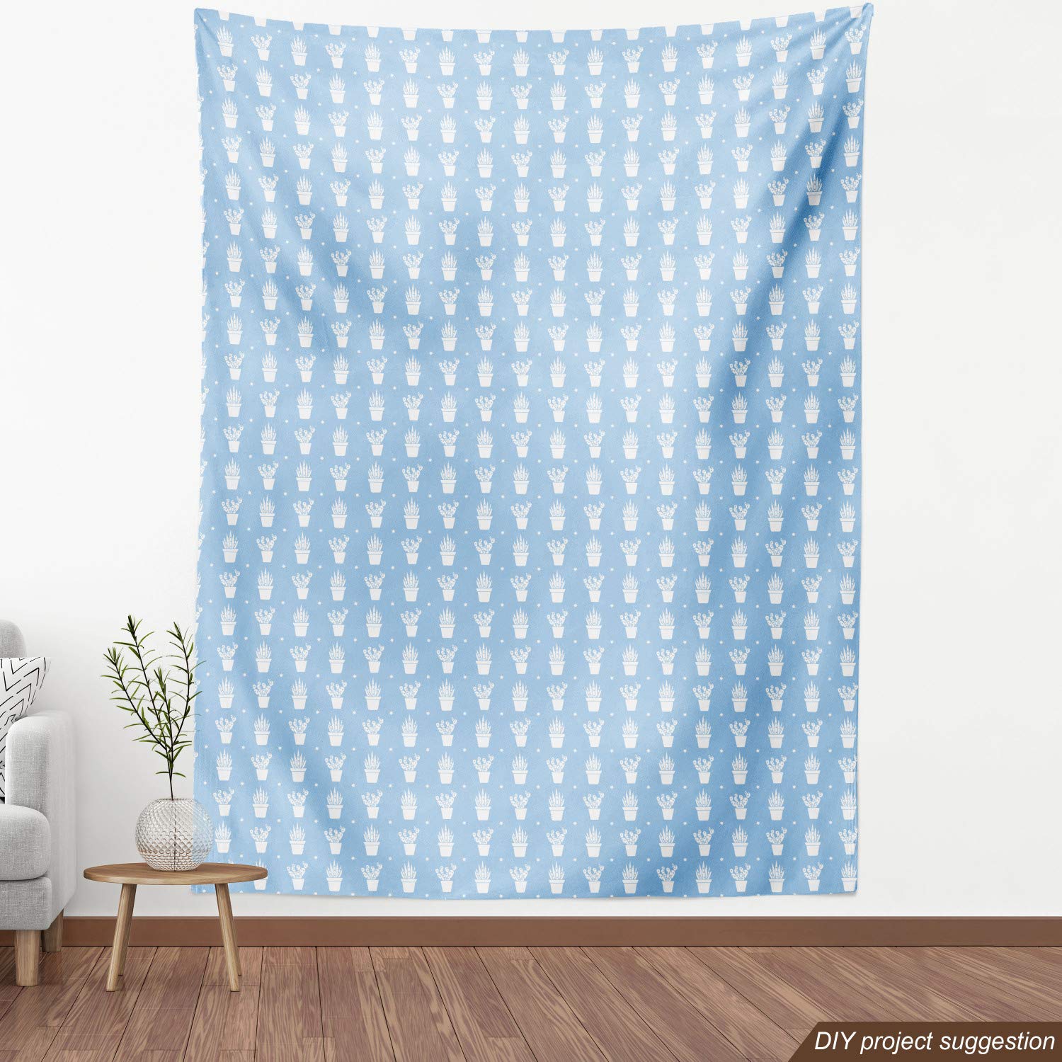Ambesonne Cactus Print Fabric by The Yard - Pastel Succulents in Pots Design for Upholstery, Curtains & Home Decor - 10 Yards Pale Azure Blue White - Perfect for DIY Projects, Sofa Covers & Nursery Decor