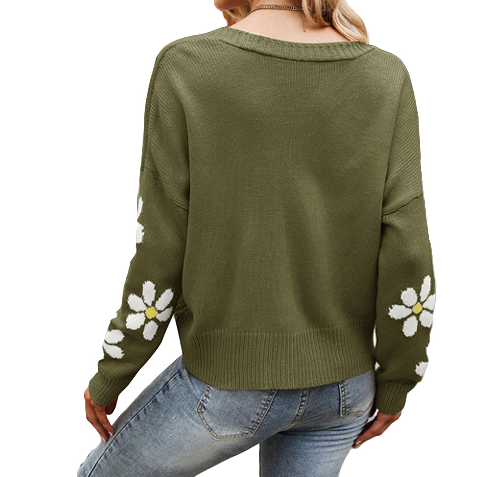 Women's Floral Print V-Neck Cropped Knit Cardigan - Button Down Long Sleeve Sweater Top for Spring & Fall Layering | Casual Office Wear & Date Night Outfits