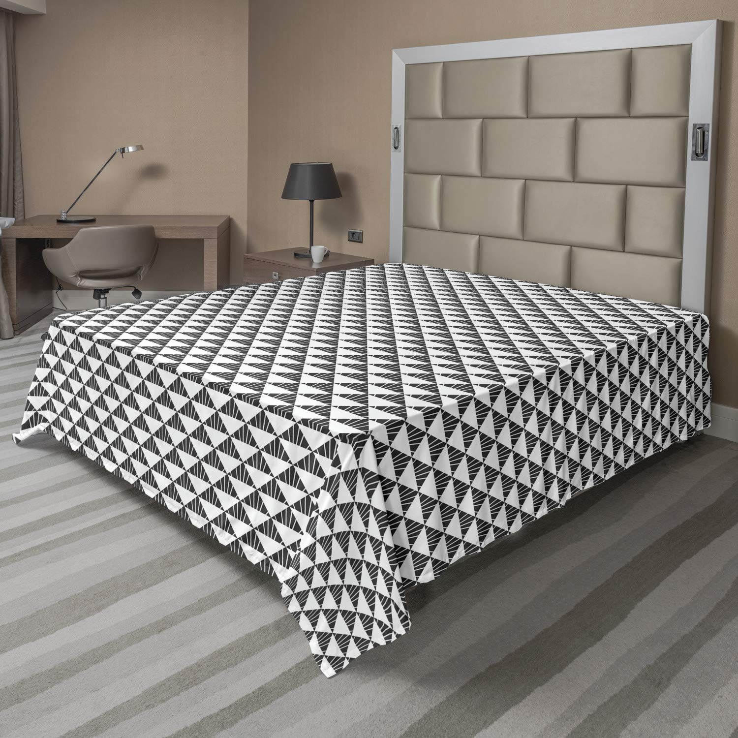 Ambesonne Abstract Flat Sheet - Art Deco Inspired Triangles & Stripes Pattern, Soft & Comfortable Full Size Top Sheet, White & Charcoal Grey - Perfect for Modern Bedroom Decor, Guest Room Styling & Luxury Hotel Vibes