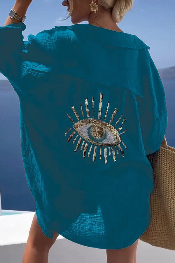 Summer Breeze Linen Blend Sequin Magic Eye Design Oversized Relax Shirt for Women | Boho Chic Beach Cover Up | Casual Loose Fit Blouse for Vacation, Party & Date Night