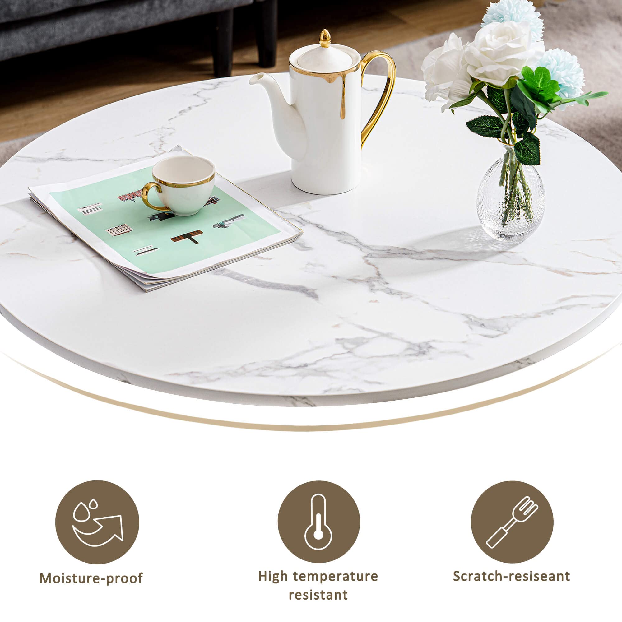 ivinta Modern 2-Tier Round Coffee Table - Faux Marble Top with Storage Shelf & Sturdy Metal Frame for Living Room | Accent Table for Small Spaces, Apartments & Home Decor (COFF-39MG)