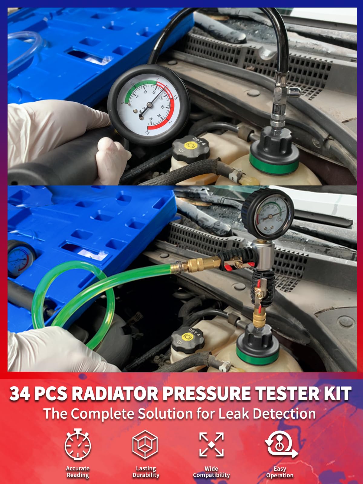 34-Piece Universal Radiator Pressure Tester & Vacuum Refill Kit - Professional Cooling System Leak Detector for Cars, Trucks & SUVs - Perfect for DIY Mechanics & Auto Shops