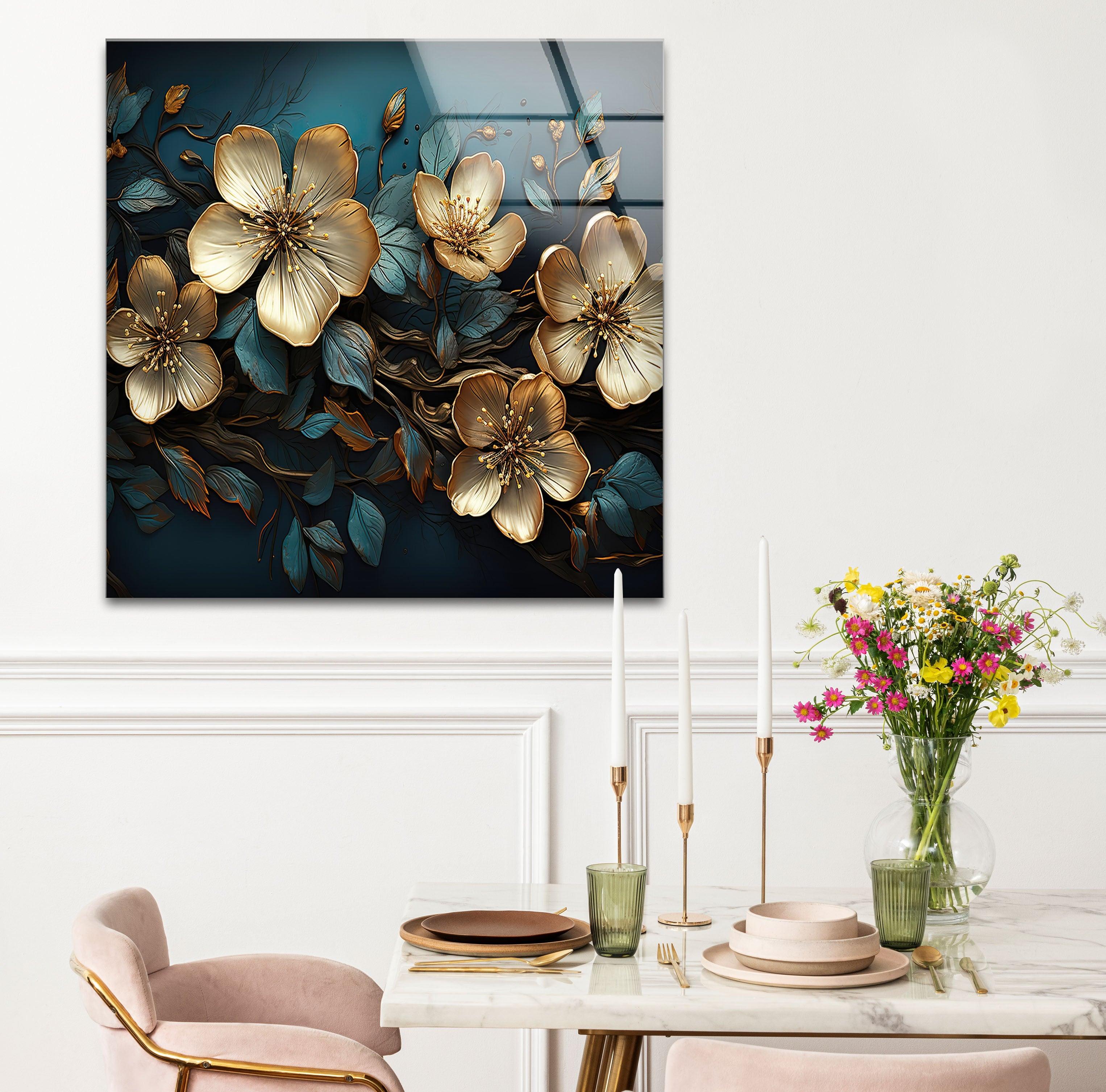 Beige & Blue Botanical Glass Wall Art - Elegant Home Decor for Living Room, Bedroom & Office - Perfect Gift for Housewarming & Wedding