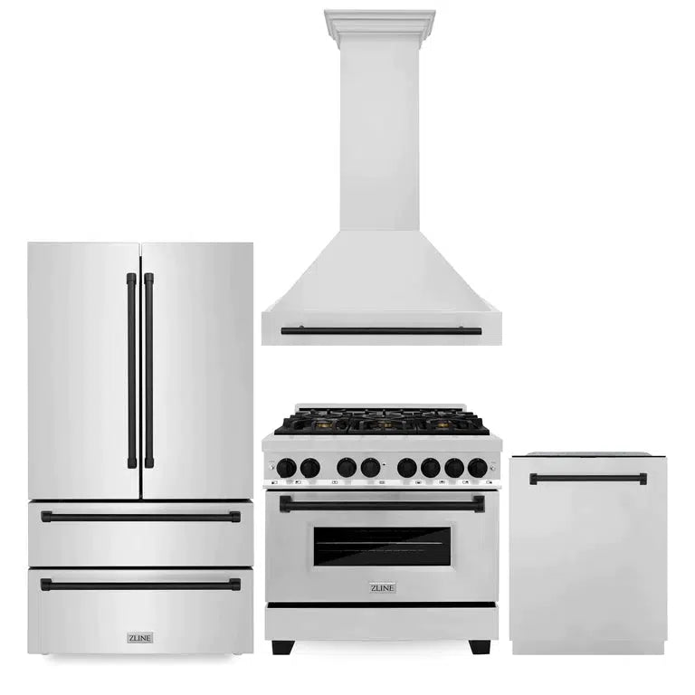 ZLINE Autograph Edition 36-inch Stainless Steel Dual Fuel Range Kitchen Package with Range Hood, Dishwasher & Refrigerator - Matte Black Accents (4KAPR RARHDWM36 MB) | Premium Kitchen Appliances for Modern Homes & Professional Chefs