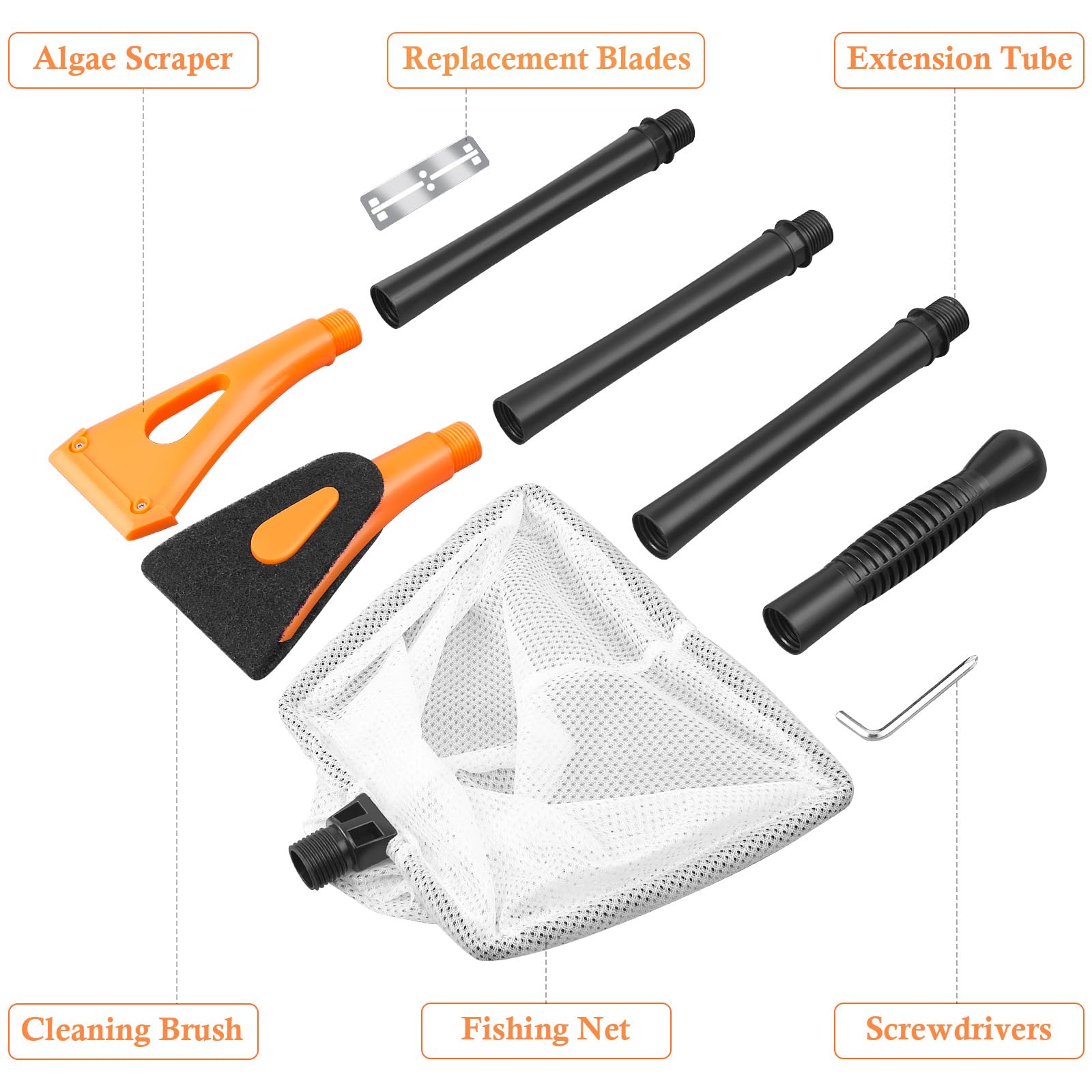 FEDOUR Aquarium Algae Scraper Kit - Fish Tank Cleaning Tools Set with Glass Scraper, Cleaning Brush, Fish Net & Replacement Blades for Freshwater & Saltwater Tanks - Perfect for Home, Office Aquarium Maintenance