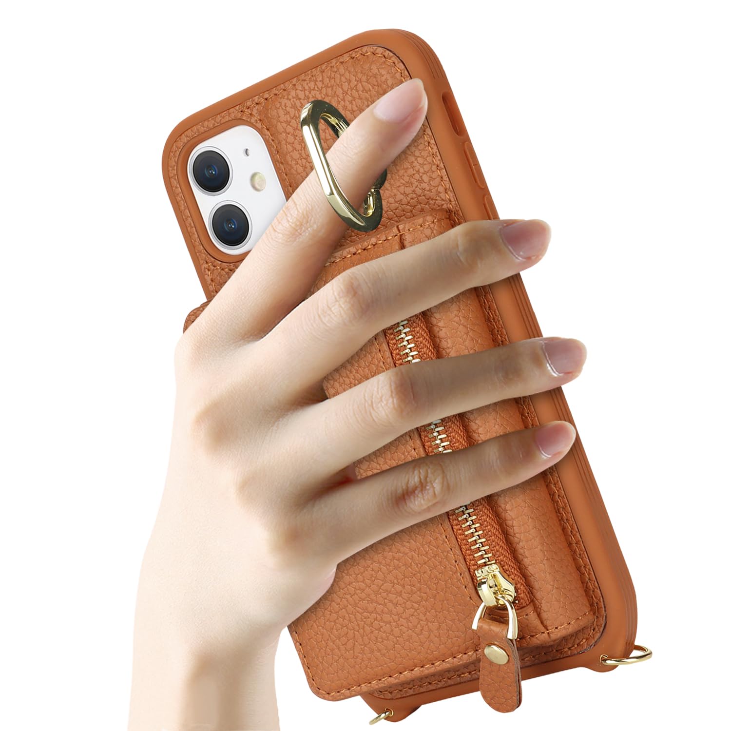 **Premium Leather iPhone 11 Wallet Case with Card Holder, Crossbody Strap & Stand Ring – Zipper Pocket Design for Women (Brown) – Perfect for Travel, Work & Everyday Use**