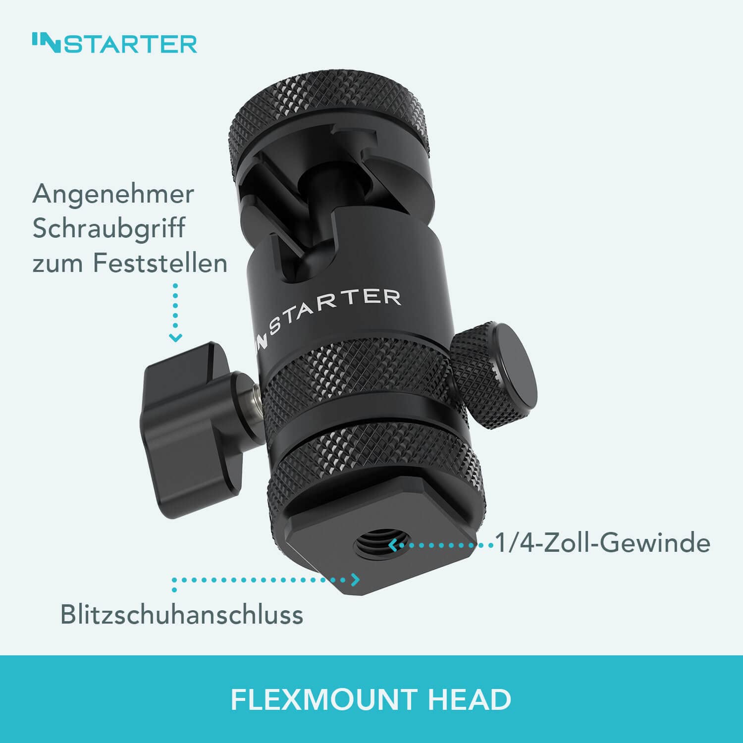Instarter 2-in-1 Ball Head Mount with Hot Shoe & 1/4 Inch Screw - Universal Camera Tripod Head for DSLR, Mirrorless, LED Lights & Accessories - 180° Tilt Adjustment & 5kg Load Capacity - Durable Aluminum Flex Mount - Perfect for Photography, Videography & Studio Lighting Setups