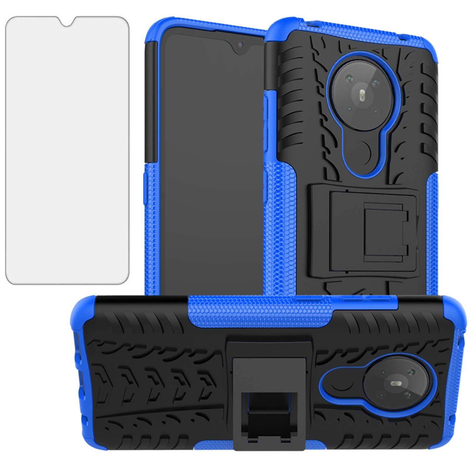 Durable Rugged Hybrid Phone Case for Nokia 5.3 with Tempered Glass Screen Protector & Kickstand - Shockproof Protective Cover for Men, Women, Boys & Girls (Black/Blue) - Perfect for Outdoor Activities, Work & Daily Use