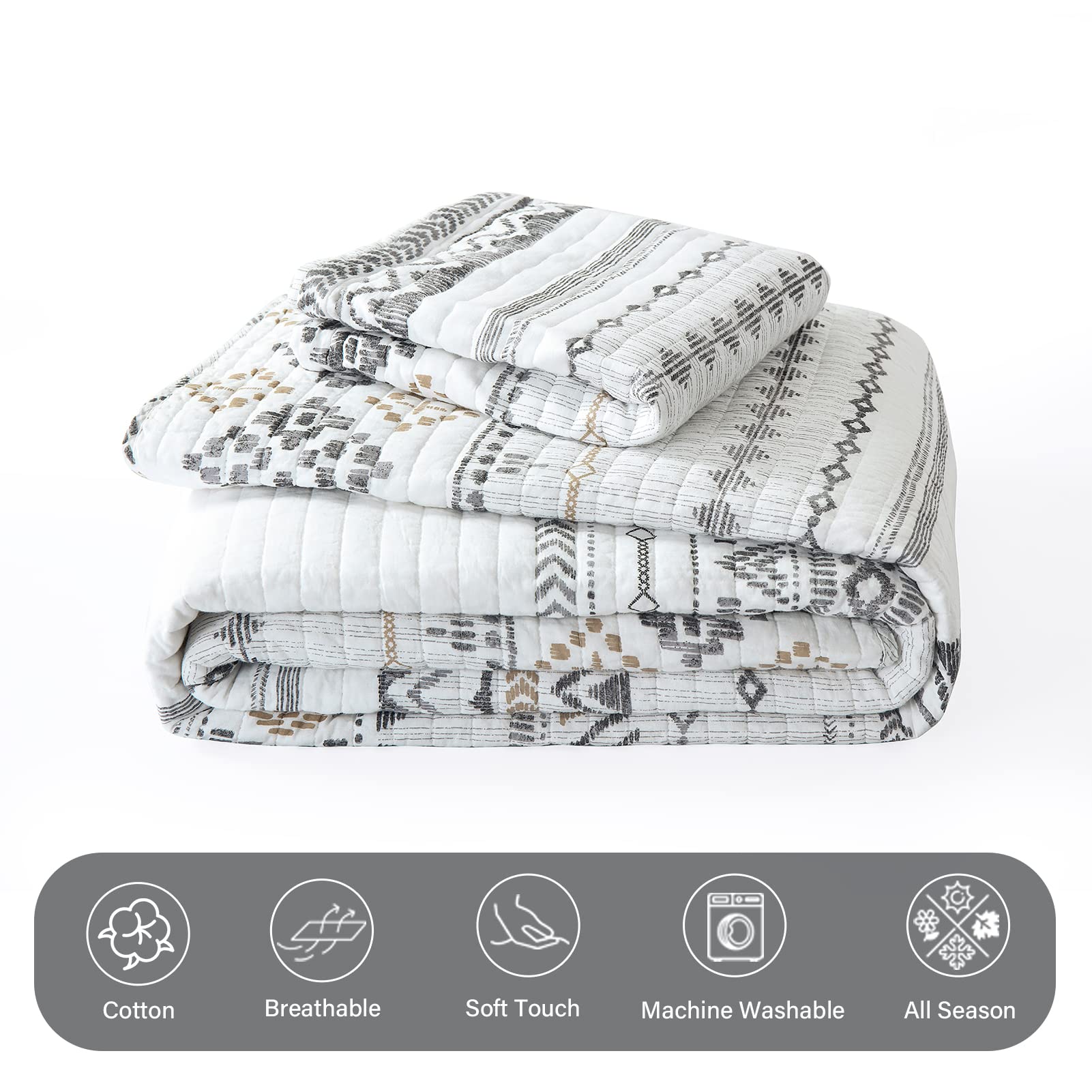 Finlonte Boho Quilt Set Queen Size - 3 Piece White & Grey Bohemian Bedding with Striped Print | All Season Comfort for Bedroom, Guest Room & Dorm Decor