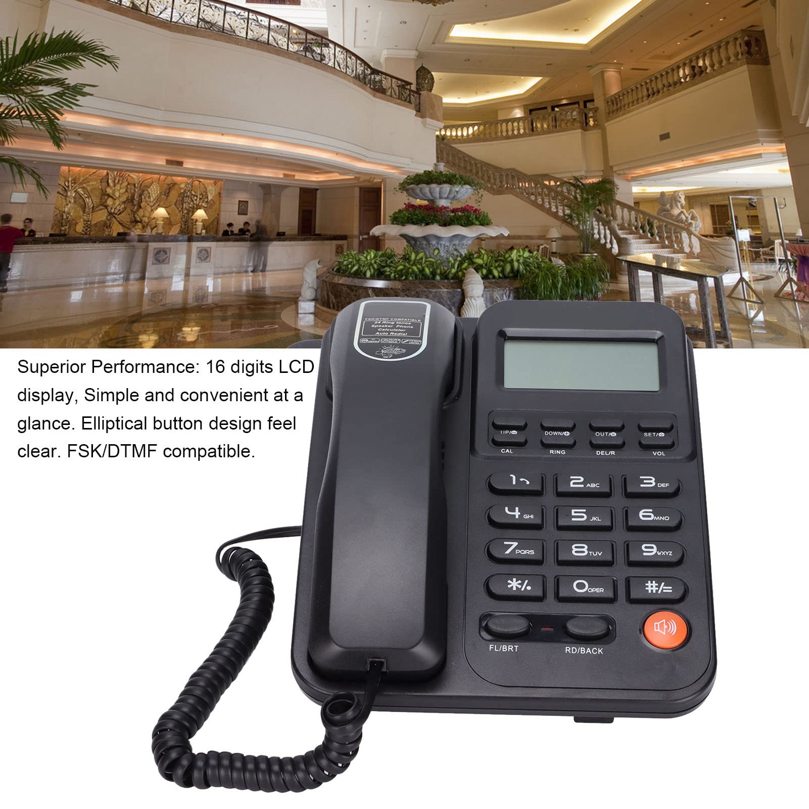 ASHATA KX T2026CID Corded Landline Phone with LCD Display, Handsfree Speakerphone, Caller ID & 24 Ringtones - Perfect for Home, Office & Hotel Use (Black)