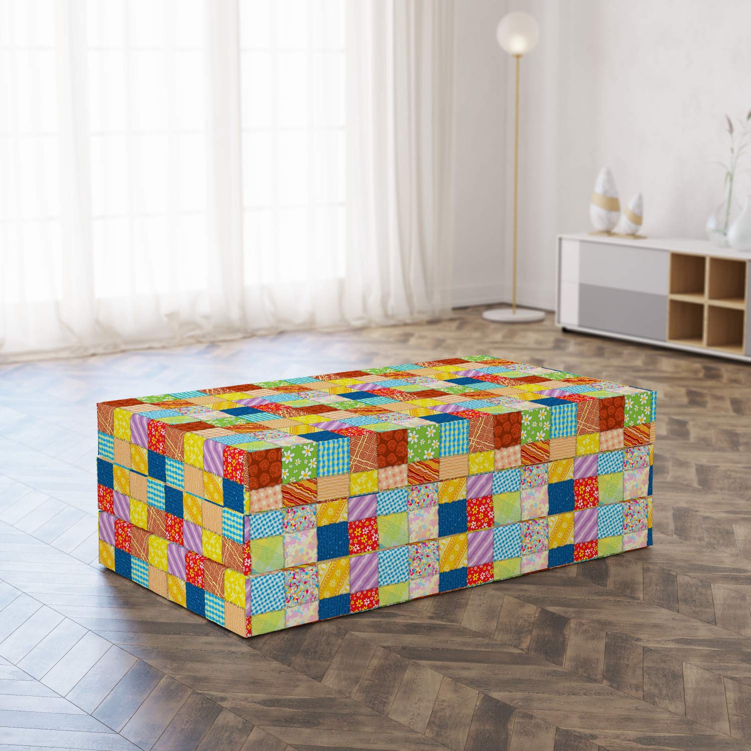 Lunarable Foldable Mattress - Floral Plaid Quilt Design, 78.7 x 47.2 Inches, Multicolor - Perfect for Guest Beds, Camping & Space-Saving Storage