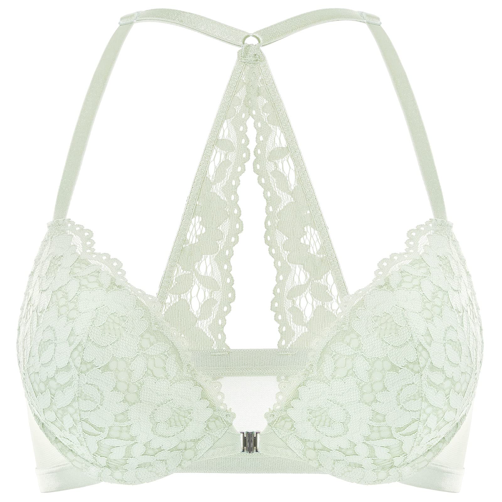 DOBREVA Women's Push Up Bra - Racerback Front Closure Lace Padded Underwire Plunge Bra - Floral Design for Comfort & Lift - Perfect for Everyday Wear, Date Nights & Special Occasions