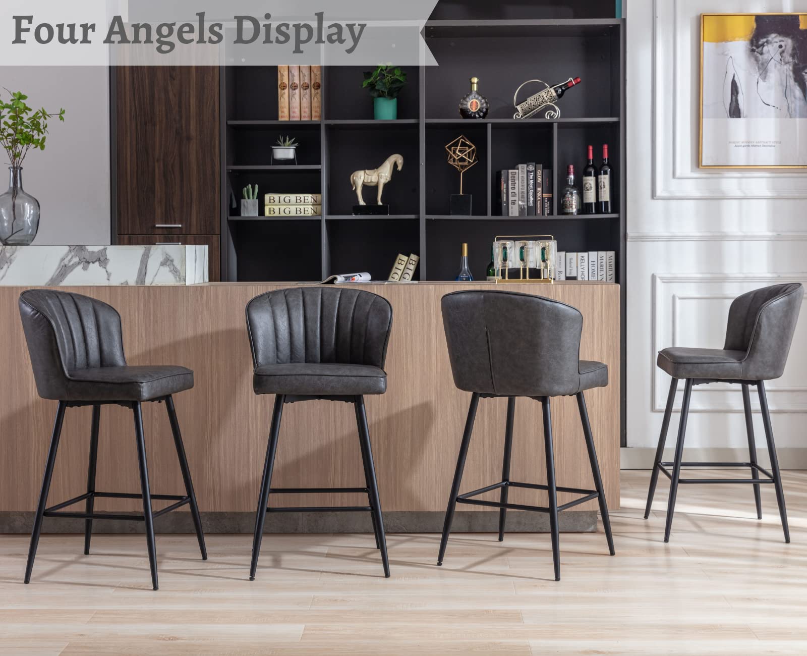 EALSON 26 Inch Counter Height Bar Stools Set of 4 - Modern Leather Bar Chairs with Backrest & Metal Footrest - Upholstered Kitchen Island Stools for Home Bar, Dining Room & Breakfast Nook - Grey - Perfect for Entertaining, Casual Dining & Kitchen Counter Seating