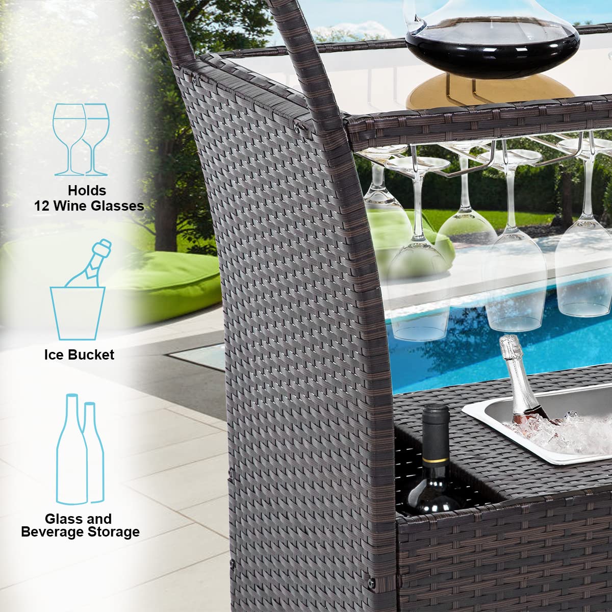 Premium Outdoor Rolling Wicker Bar Cart with Removable Ice Bucket, Glass Countertop & Wine Glass Holders - Rattan Serving Cart with Storage for Pool Parties, Backyard BBQs & Patio Entertaining