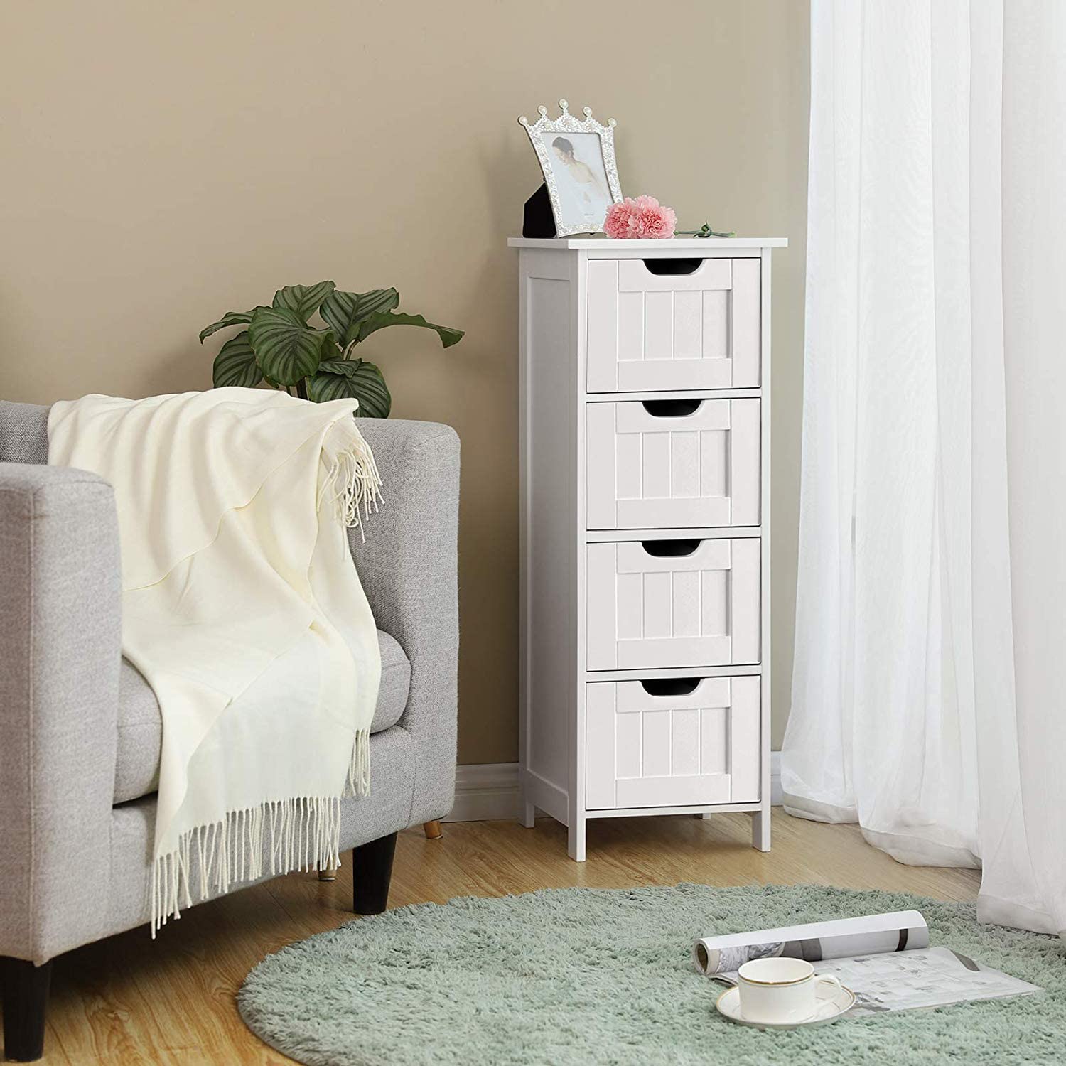 White Bathroom Floor Cabinet with 4 Drawers - Wooden Storage Organizer for Bathroom, Living Room, Bedroom & Hallway - Perfect for Small Space Organization & Home Decor