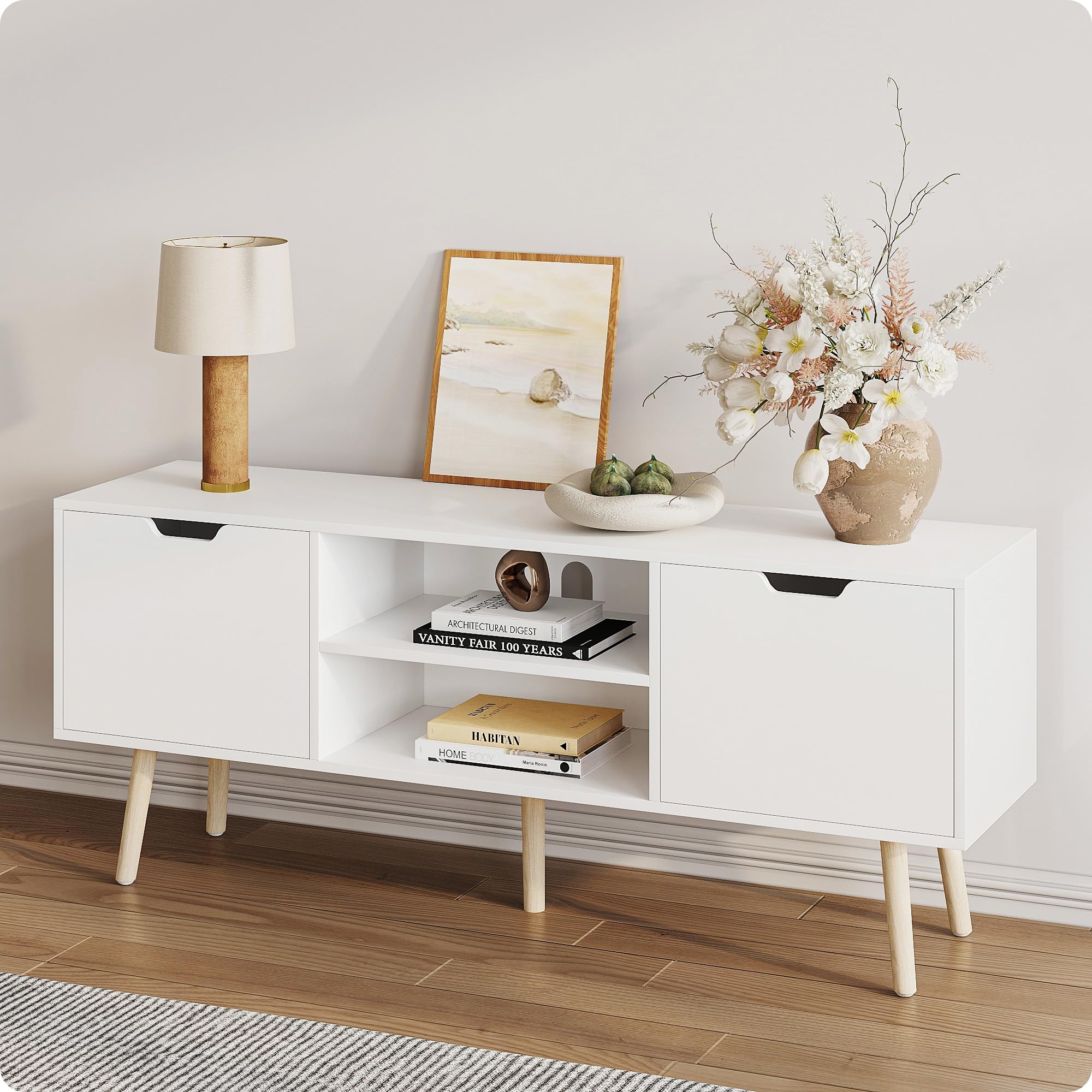 White TV Stand for 50-60 Inch TVs - Wooden Media Console Cabinet with Storage - Modern Entertainment Center for Living Room, Bedroom & Home Theater Setup