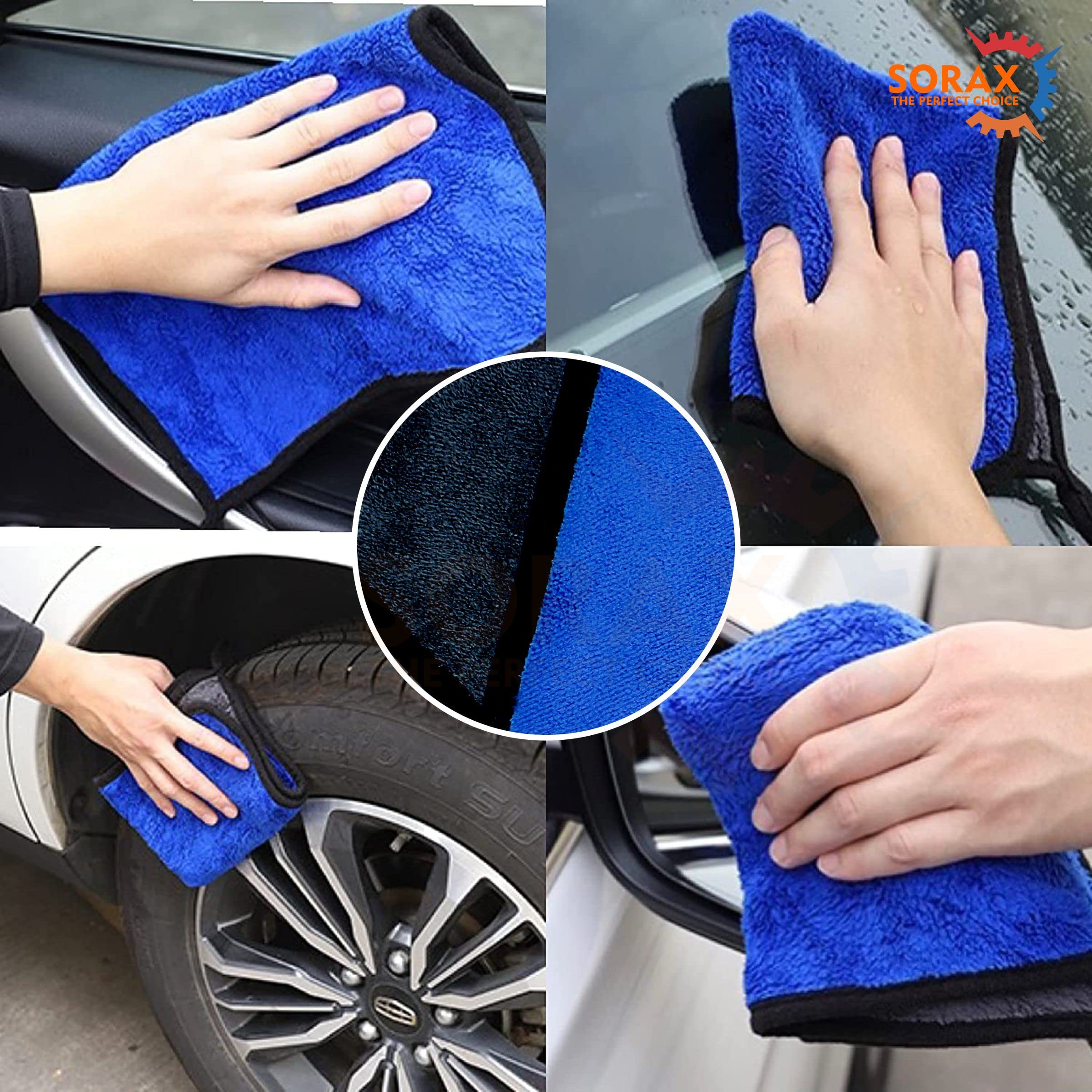 SORAX 800GSM Premium Microfiber Cleaning Cloths - Ultra Absorbent Double-Sided Kitchen Towels for Dusting, Polishing & Multi-Surface Cleaning (2-Pack, Blue) - Perfect for Cars, Windows & Household Cleaning