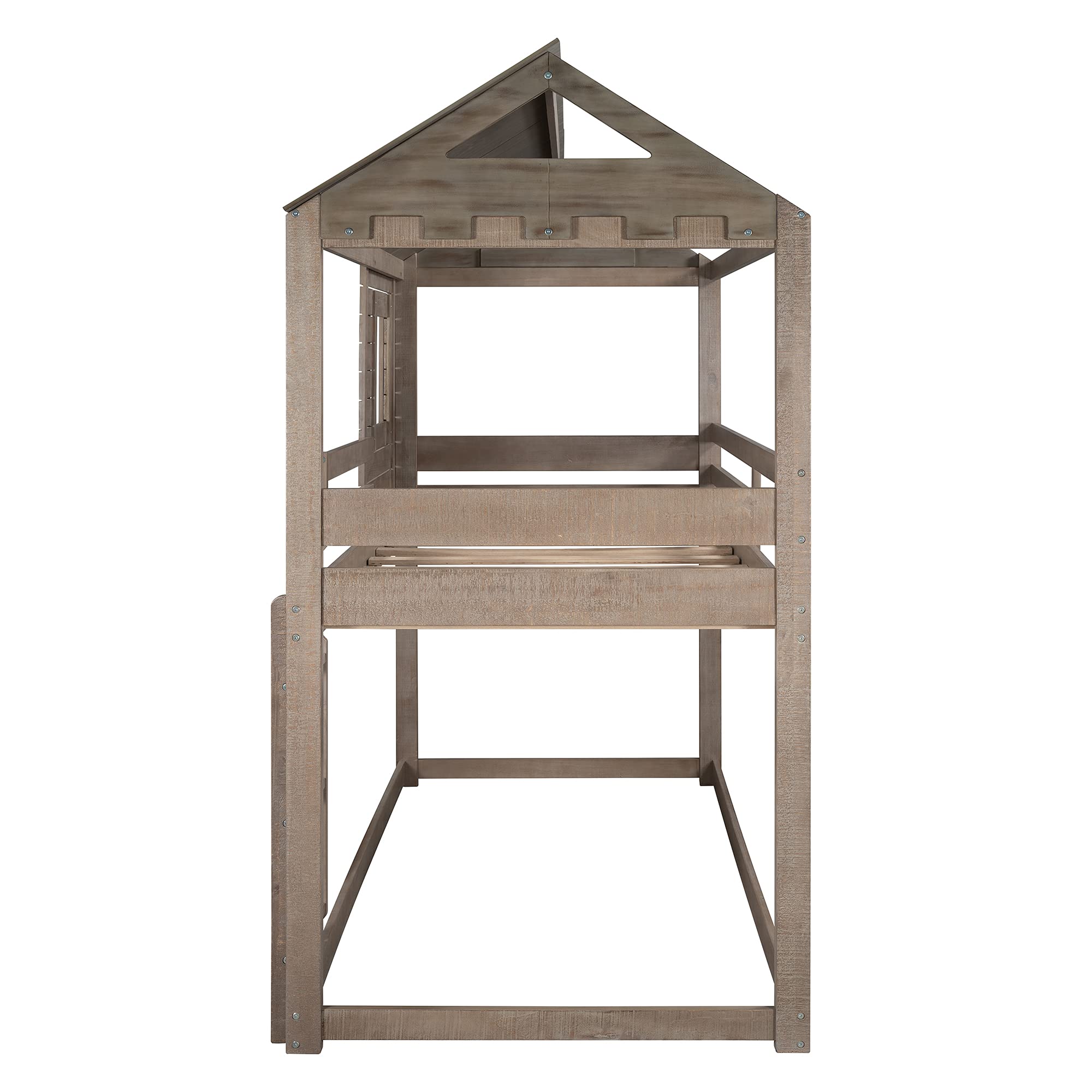 Kids Twin Over Twin Wooden Bunk Bed with Roof, Window, Guardrail & Ladder - Solid Wood Slat Support, No Box Spring Needed (Antique Gray) - Perfect for Shared Kids' Rooms, Sleepovers & Space-Saving Bedroom Solutions
