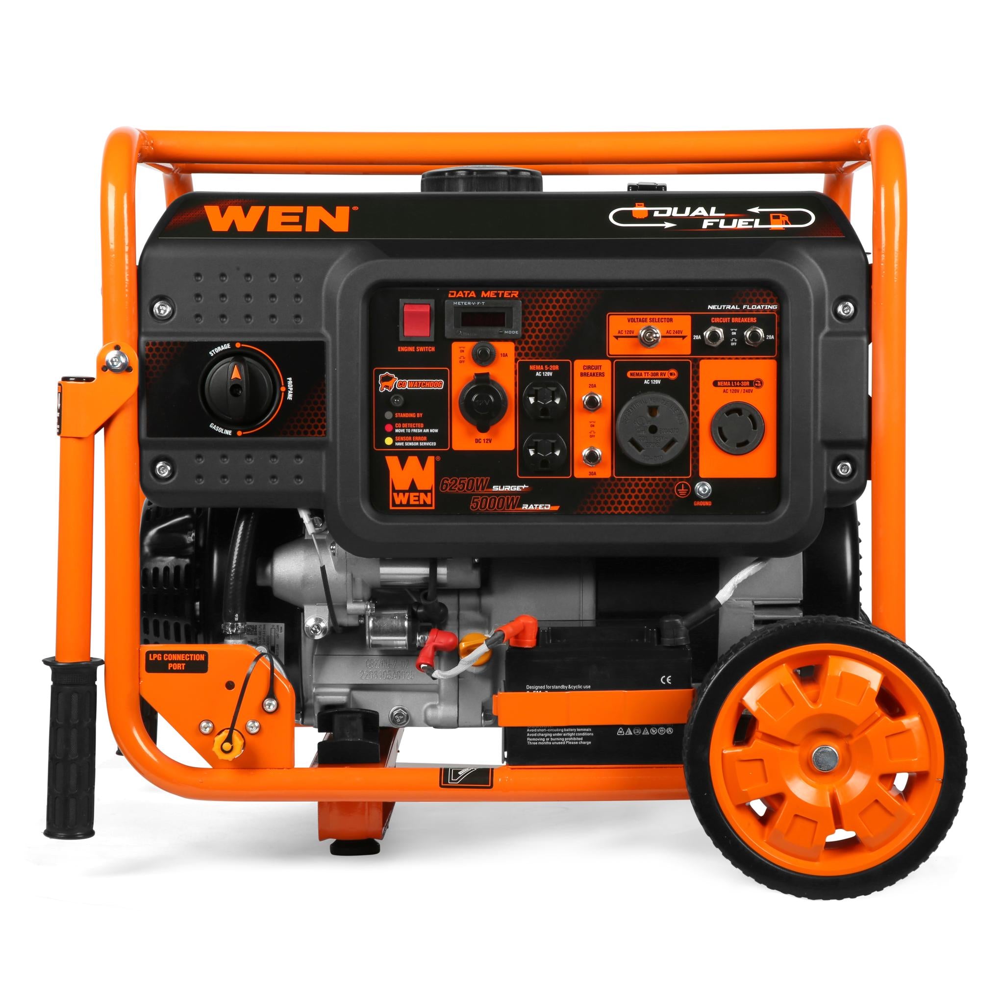 WEN DF623X 6250-Watt Dual Fuel Portable Generator with Electric Start - 120V/240V Output, Wheel Kit & CO Sensor - Perfect for Home Backup Power, Camping & Job Sites