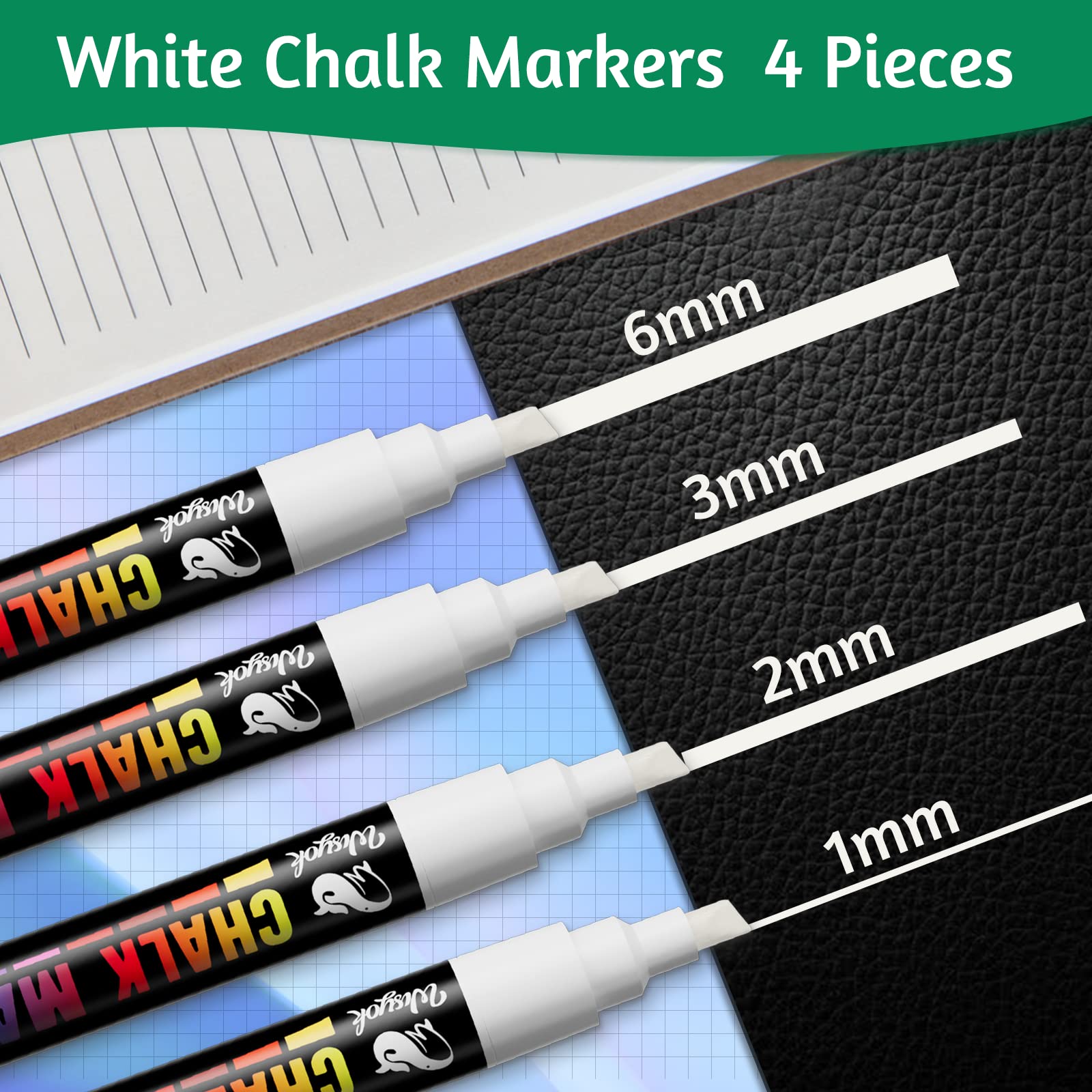 WISYOK 4 Pack Liquid Chalk Markers - Erasable White Chalk Pens for Chalkboards, Windows, Glass & Acrylic - 6mm Reversible Bullet & Chisel Tip - Perfect for Restaurants, Classrooms & DIY Signage