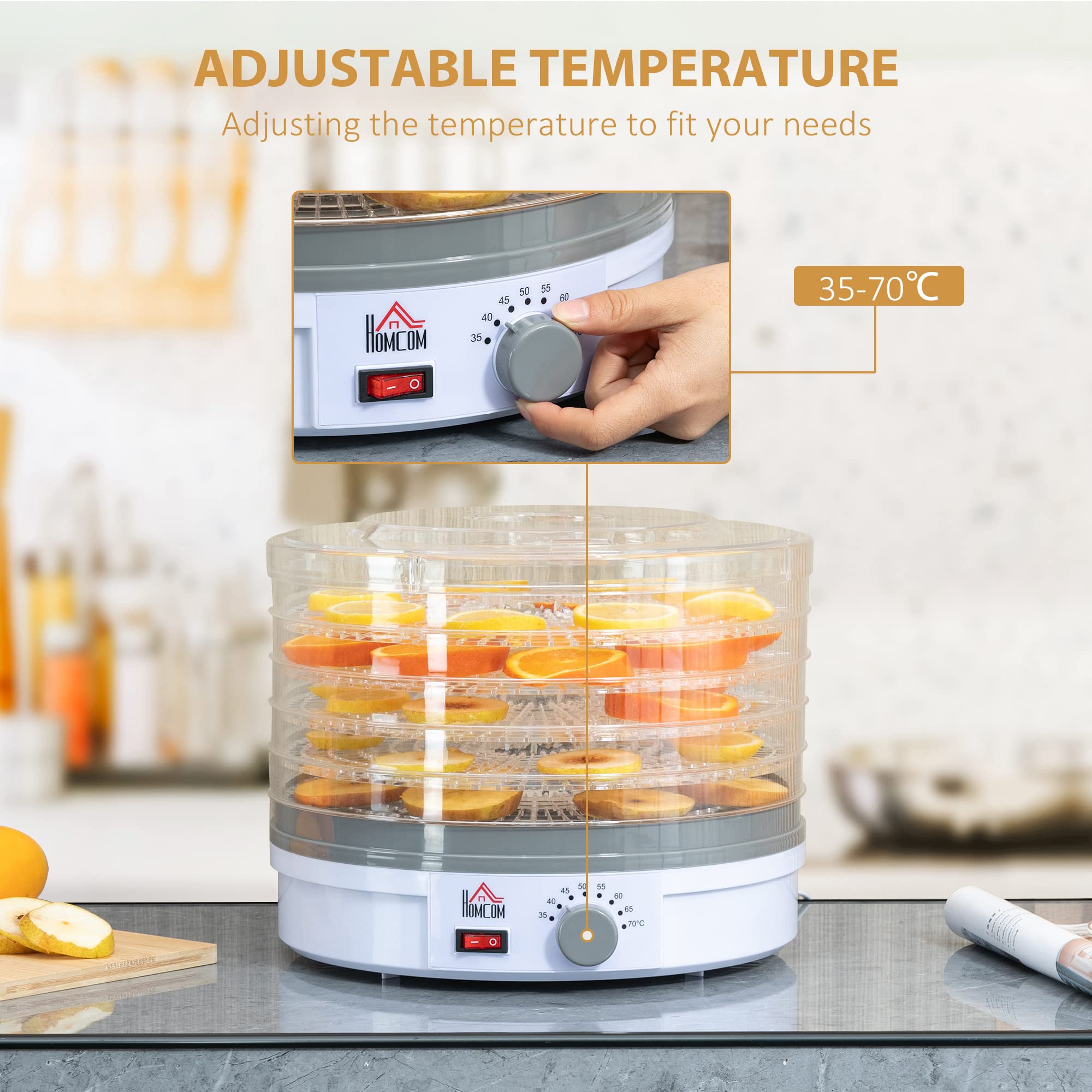 HOMCOM 5-Tier Food Dehydrator Machine - 245W Adjustable Temperature Control for Drying Fruits, Vegetables, Meat, Jerky & Pet Treats - White | Perfect for Home Kitchen, Camping & Healthy Snack Preparation