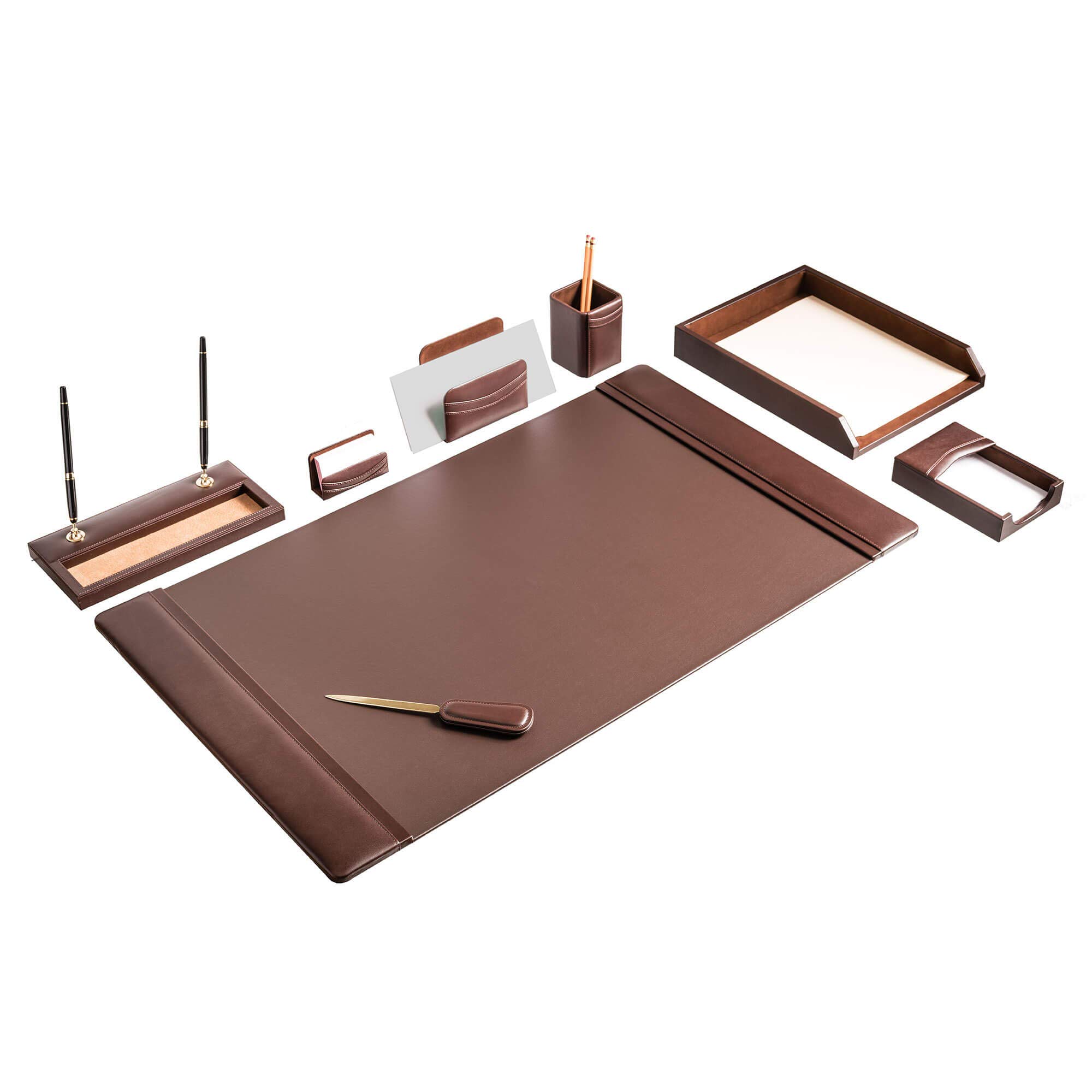 Premium Dacasso Classic Leather Desk Set - 8-Piece Office Organizer in Chocolate Brown | Perfect for Executive Desks, Home Offices & Professional Workspaces